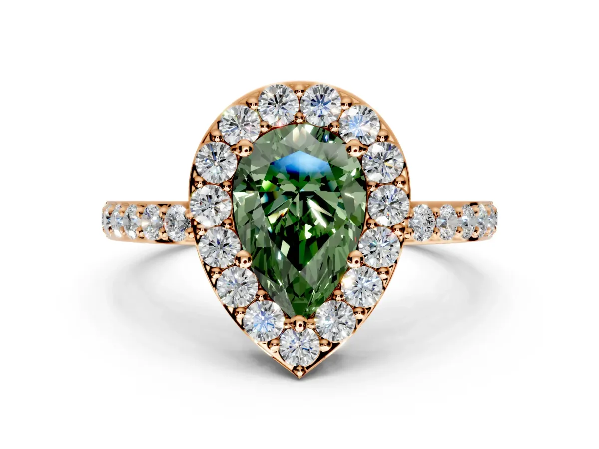 Halo Engagement Ring Setting for Fancy Green Pear-Shaped Center with Heart-Shaped Openwork, Pave Band and Prong Head in Rose Gold