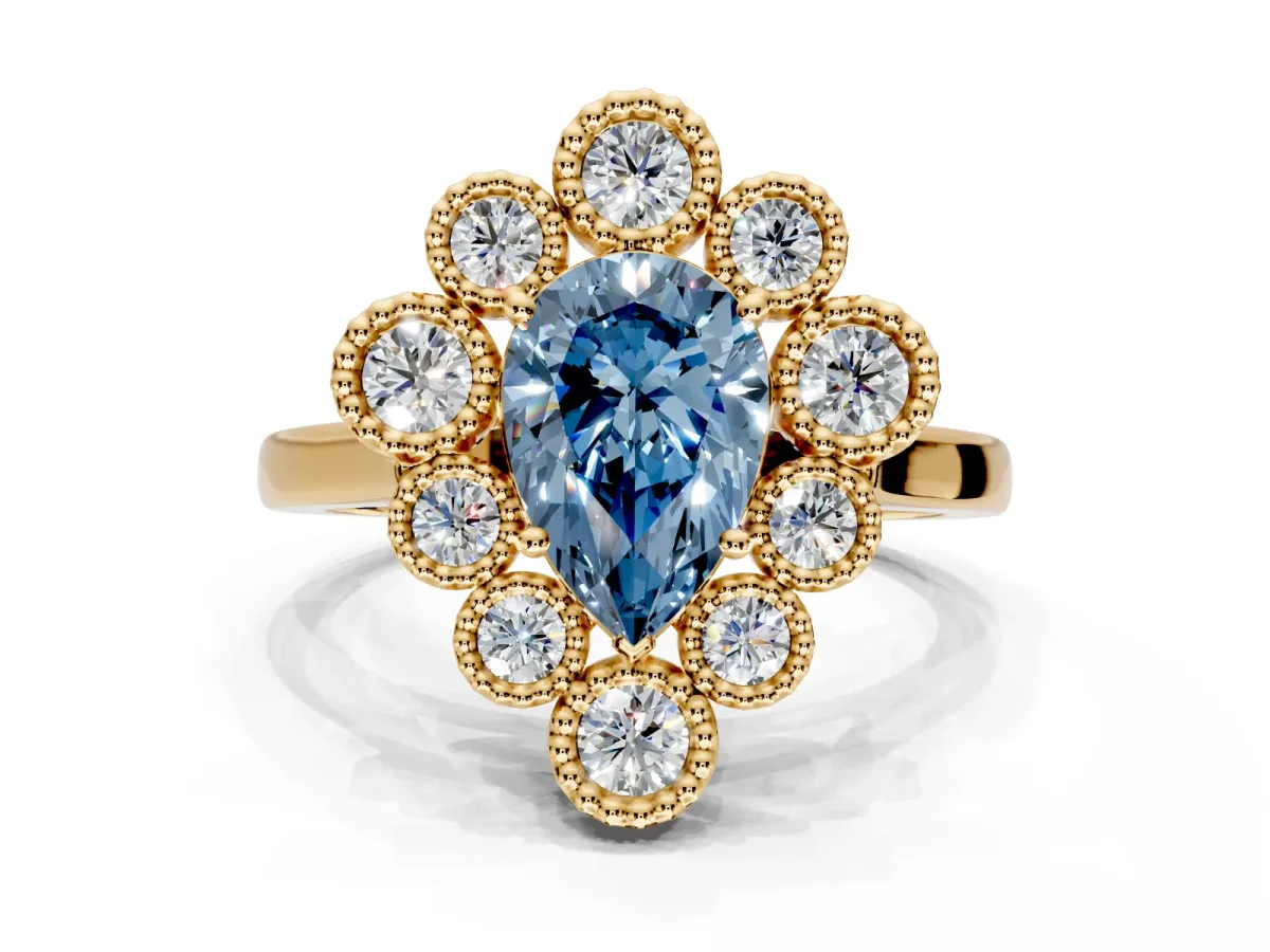 Cluster Halo Engagement Ring Setting for Fancy Blue Pear-Shaped Center with Milgrain Bezel Accents and Prong Head in Yellow Gold