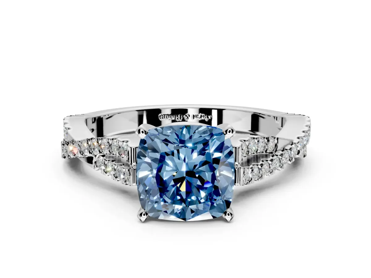 Solitaire Engagement Ring Setting for Fancy Blue Cushion Cut Center with Twisted Pave Split Shank and Prong Head in Sterling Silver