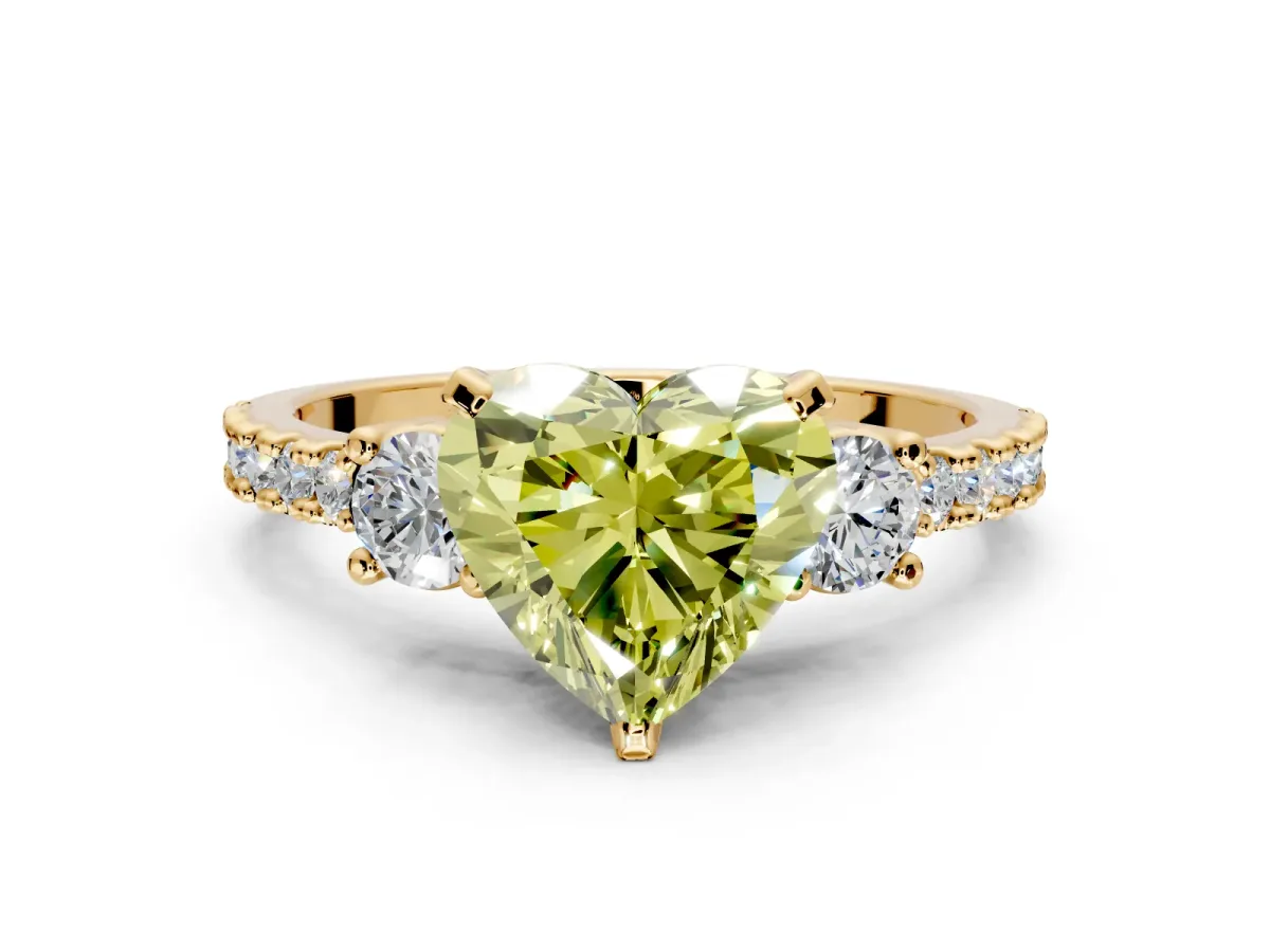 3 Stone Engagement Ring Setting for Fancy Yellow Heart-Shaped Center with Round Cut Side Accents and Prong Head in Yellow Gold