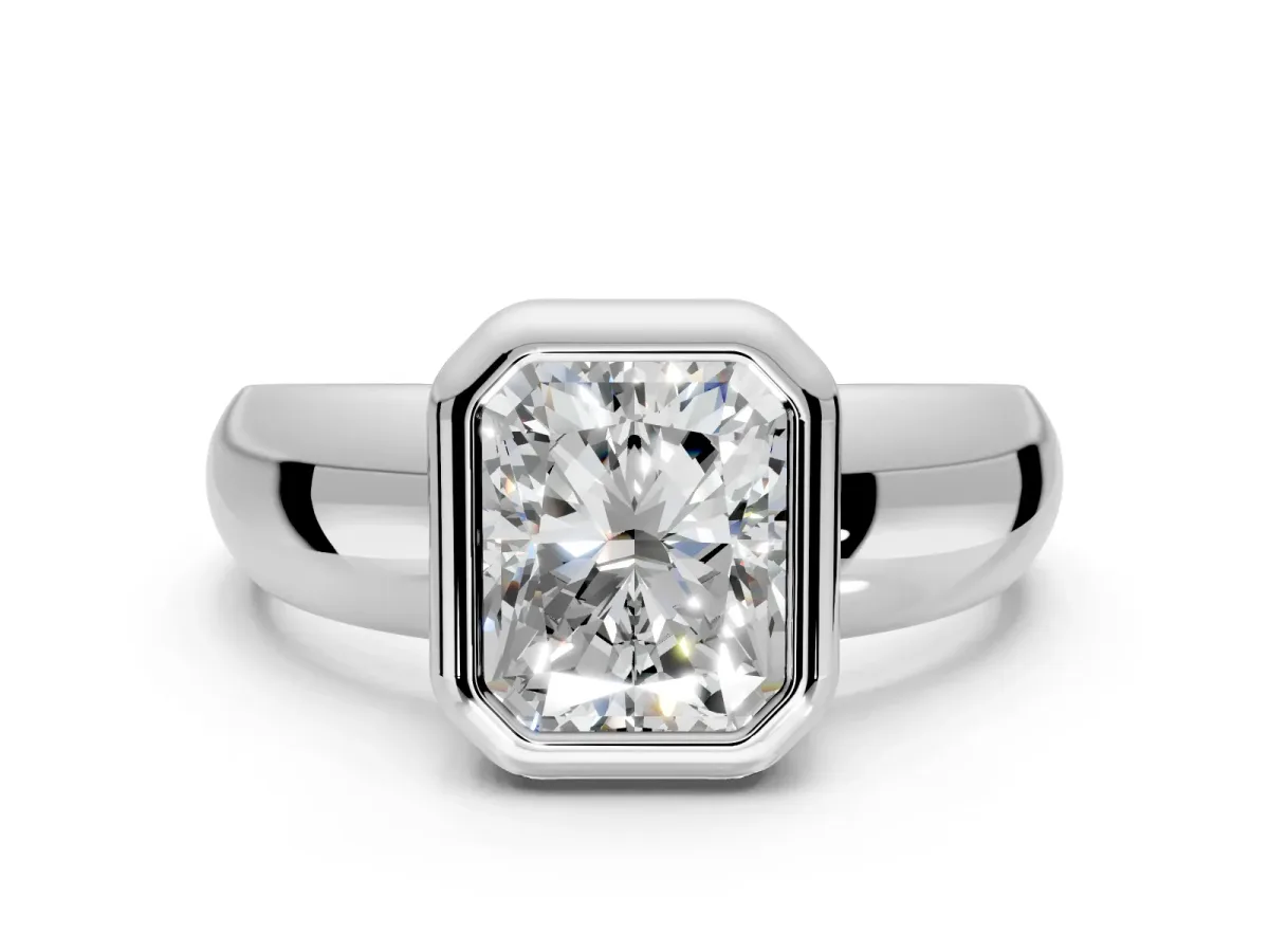 Solitaire Engagement Ring Setting for Radiant Cut Center with Wide Band and Bezel Head in Sterling Silver