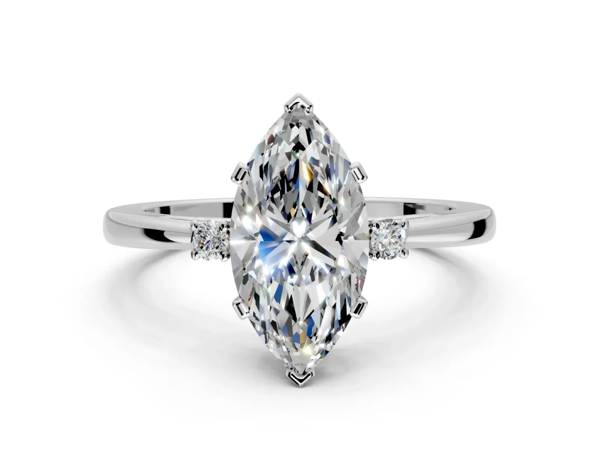 3 Stone Engagement Ring Setting for Marquise Center with Low-Set Round Cut Accents and Prong Head in Platinum