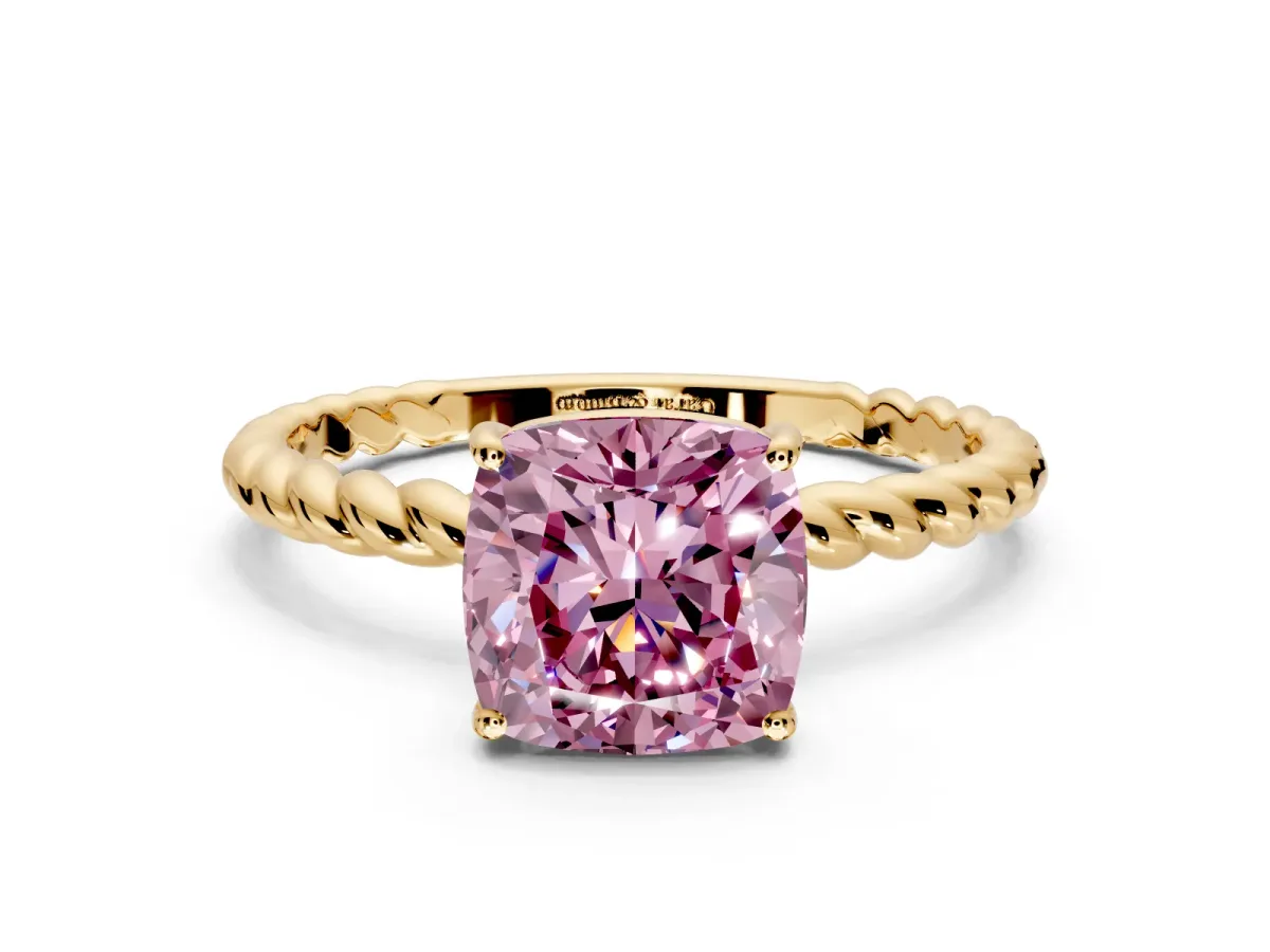 Solitaire Engagement Ring Setting for Fancy Pink Cushion Cut Center with Plain Twisted Rope Band and Prong Head in Yellow Gold
