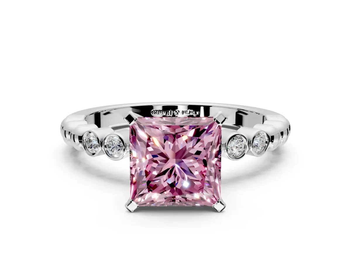Solitaire Engagement Ring Setting for Fancy Pink Princess Cut Center with Bezel-Dot Beaded Band and Prong Head in Sterling Silver