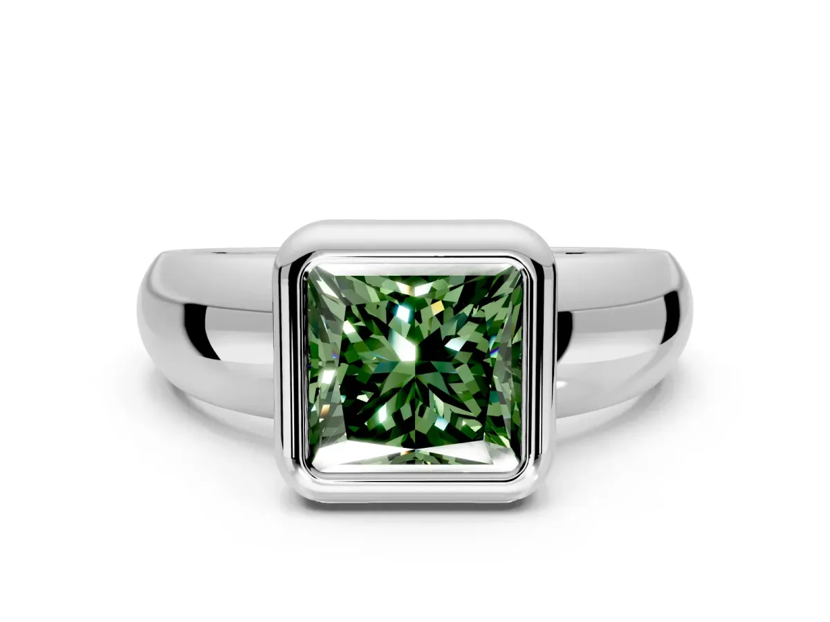 Solitaire Engagement Ring Setting for Fancy Green Princess Cut Center with Wide Band and Bezel Head in White Gold