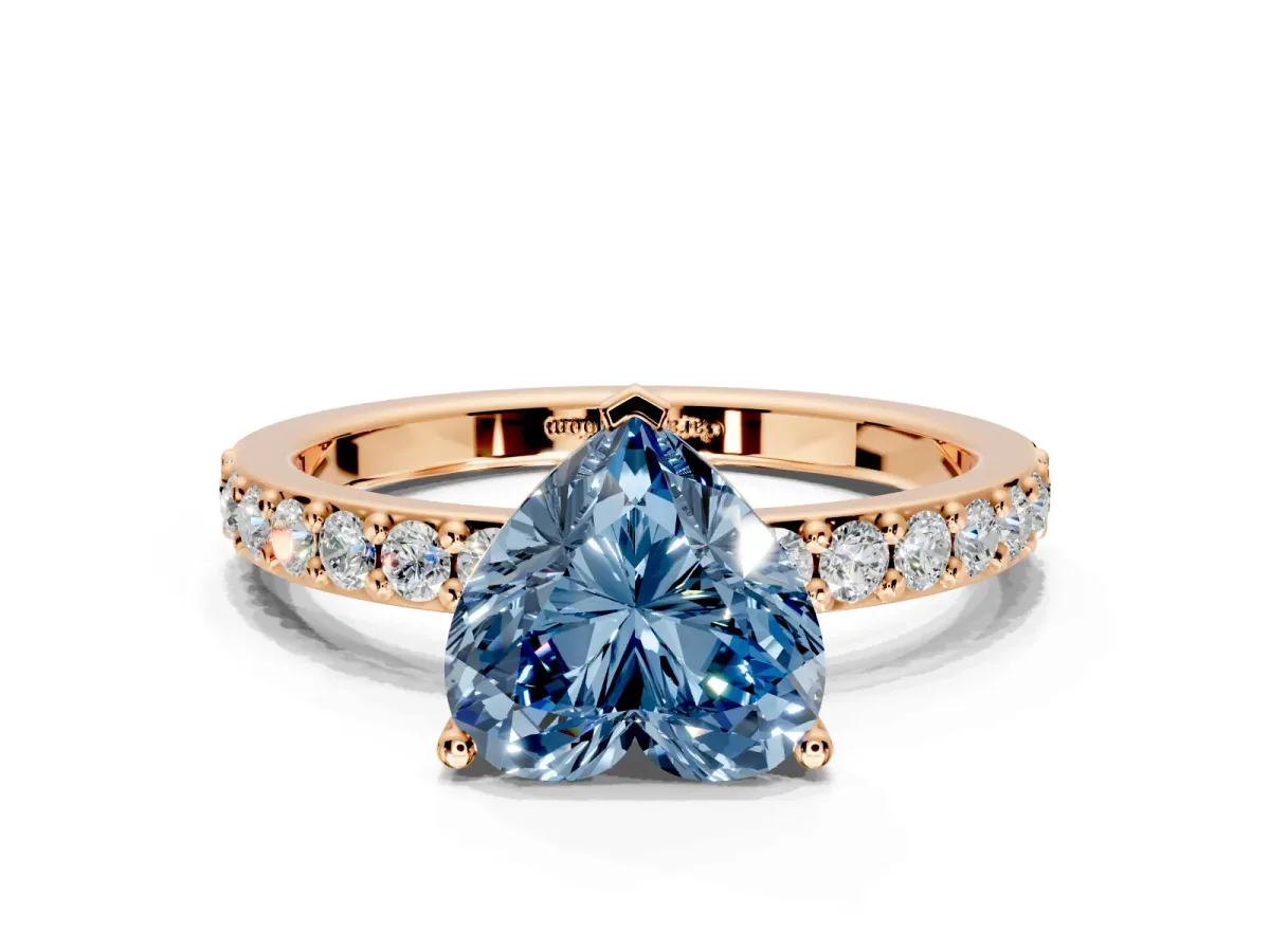 Solitaire Engagement Ring Setting for Fancy Blue Heart-Shaped Center with Round Cut Pave Band and Prong Head in Rose Gold