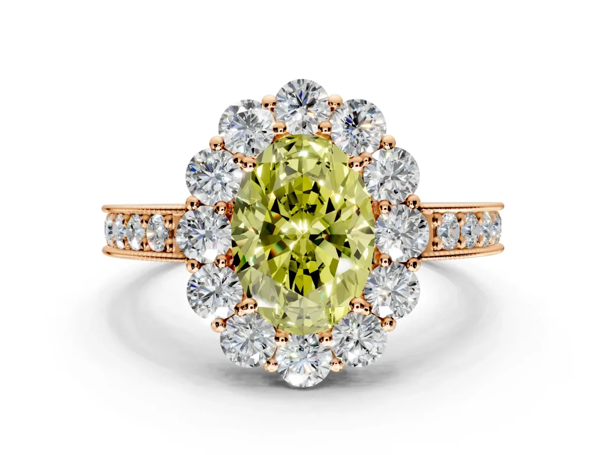 Halo Engagement Ring Setting for Fancy Yellow Oval Center with Milgrain Channel Band and Prong Head in Rose Gold