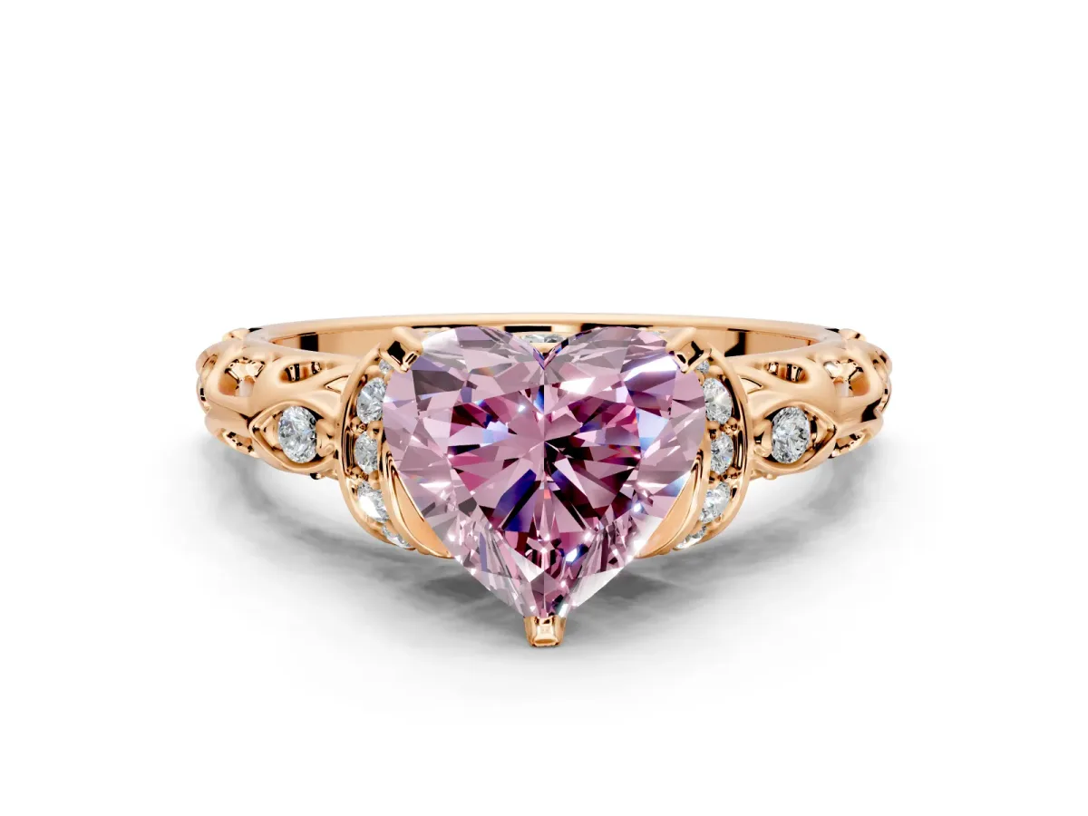 Solitaire Engagement Ring Setting for Fancy Pink Heart-Shaped Center with Filigree Band and Prong Head in Rose Gold