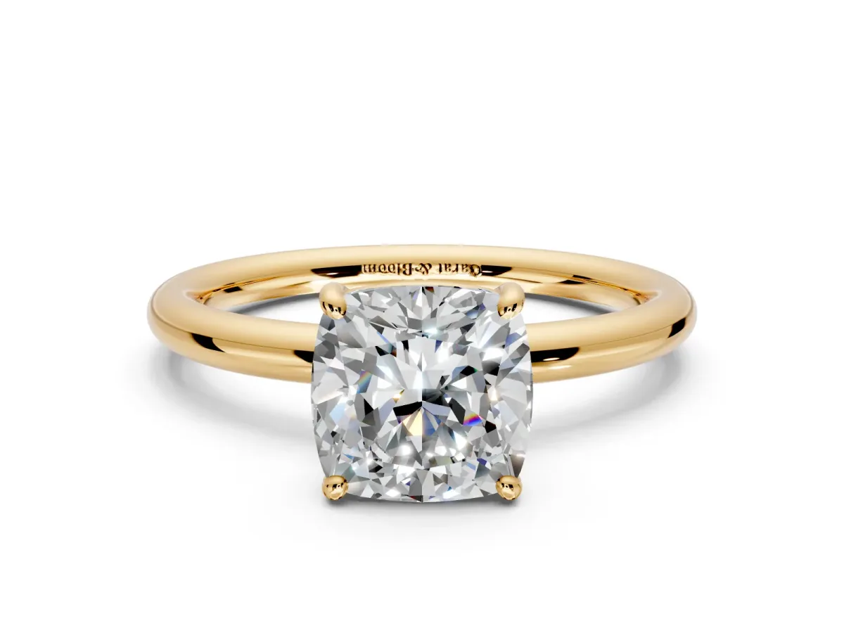 Low-Set Solitaire Engagement Ring Setting for Cushion Cut Center with Thin Plain Band and Prong Head in Yellow Gold