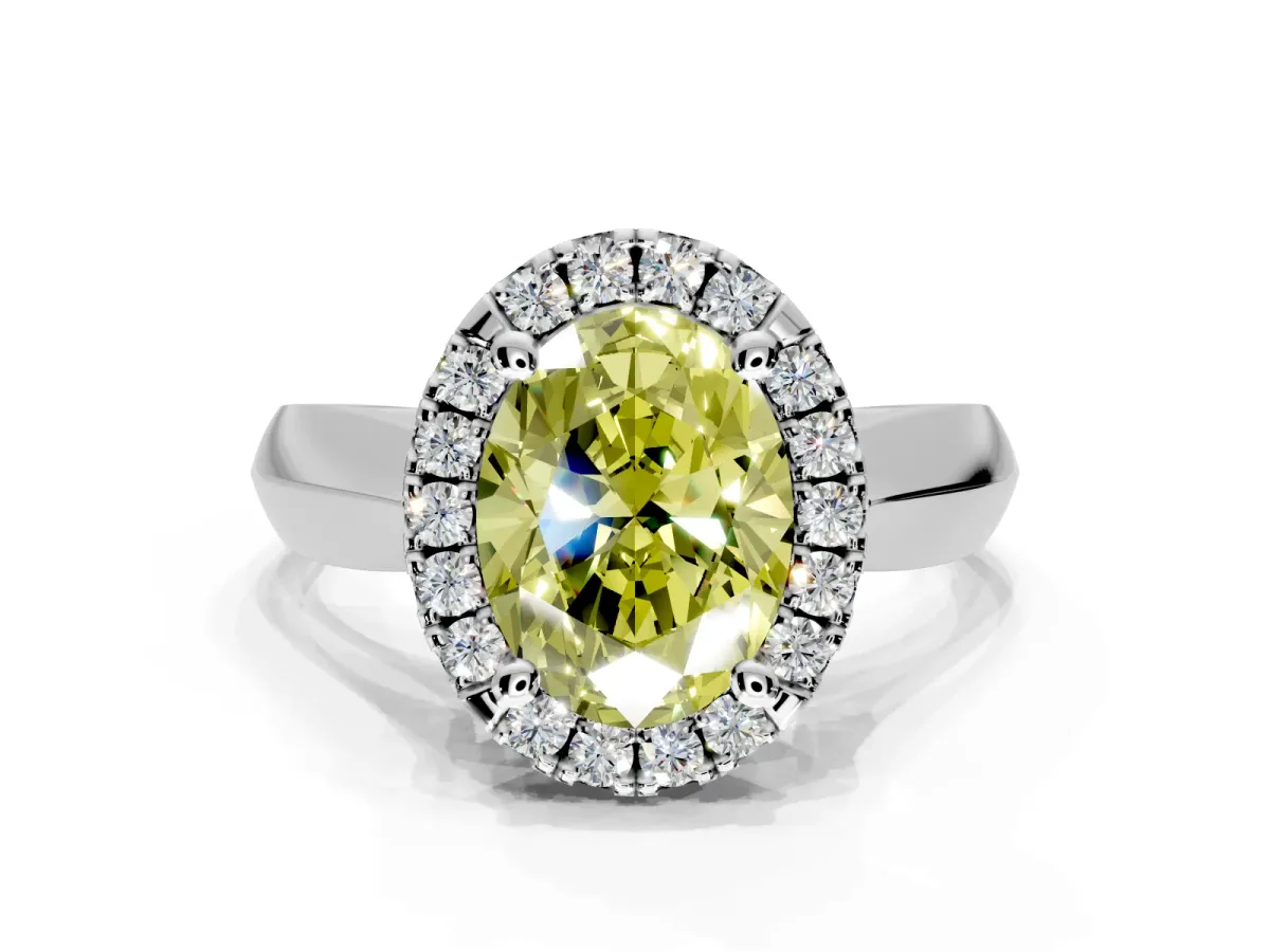 Halo Engagement Ring Setting for Fancy Yellow Oval Center with Square Band and Prong Head in Sterling Silver