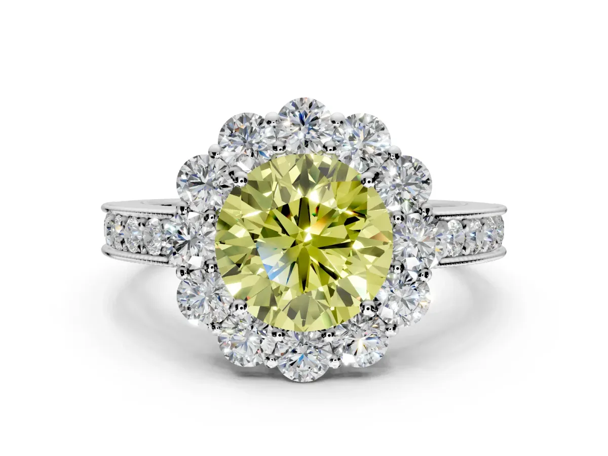 Halo Engagement Ring Setting for Fancy Yellow Round Cut Center with Milgrain Channel Band and Prong Head in Platinum