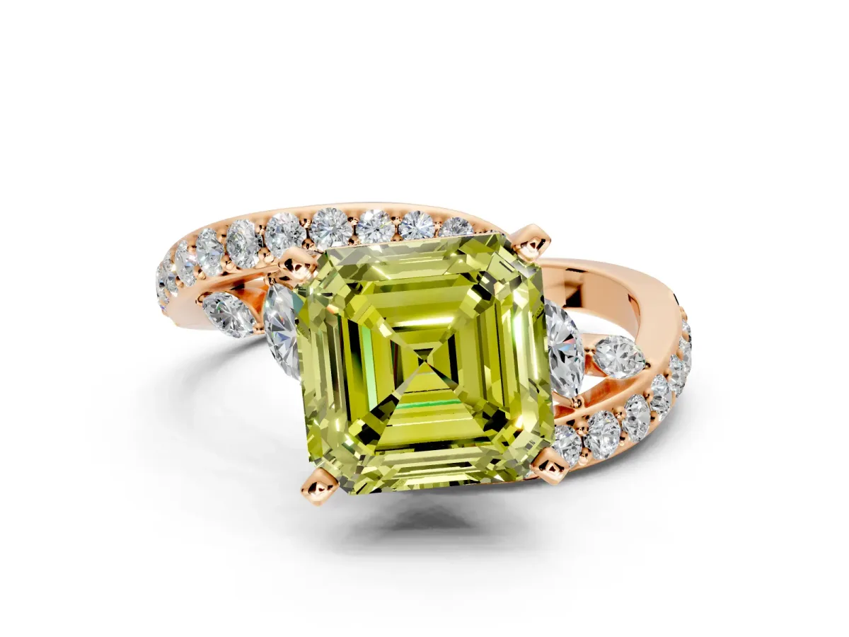 Solitaire Engagement Ring Setting for Fancy Yellow Asscher Cut Center with Pave Bypass Twist Band and Prong Head in Rose Gold