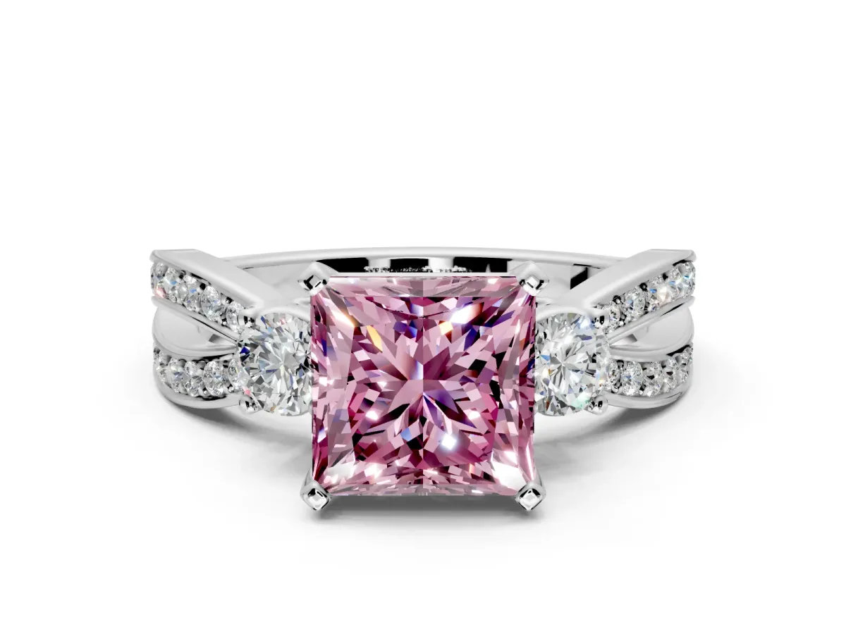 3 Stone Engagement Ring Setting for Fancy Pink Princess Cut Center with Pave Twist Band and Prong Head in White Gold