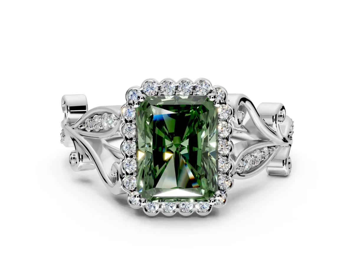 Halo Engagement Ring Setting for Fancy Green Radiant Cut Center with Leaf Motif Split Shank and Prong Head in Platinum