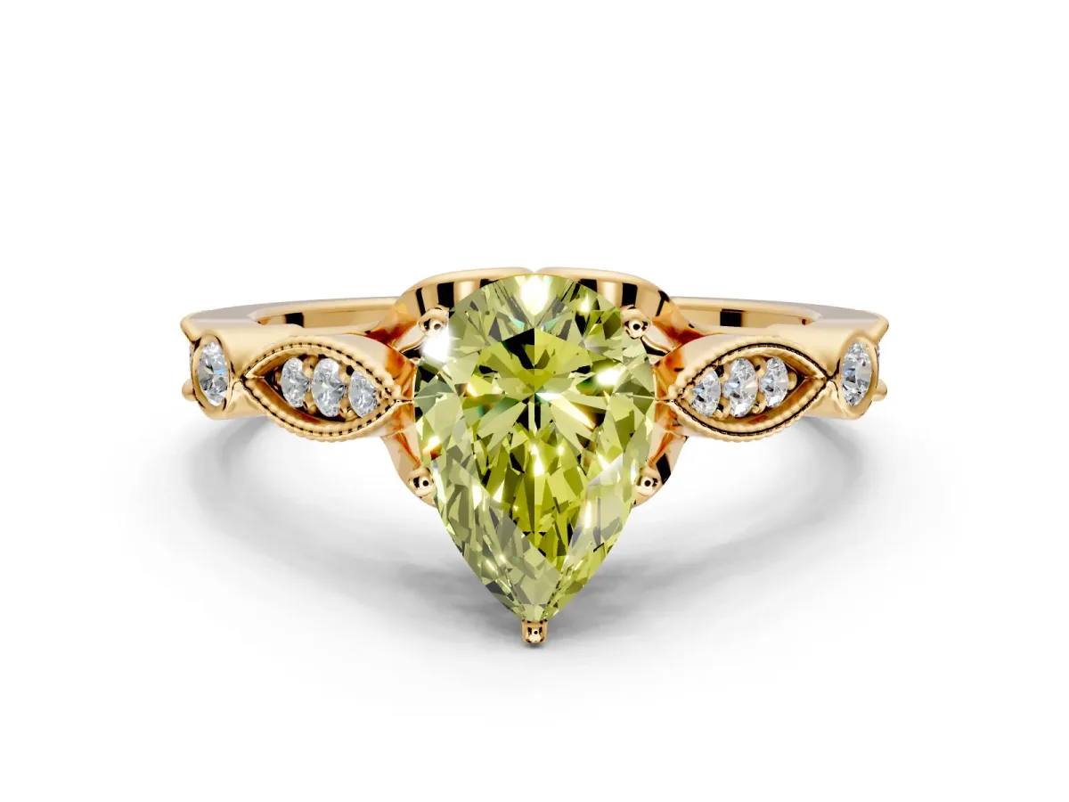 Solitaire Engagement Ring Setting for Fancy Yellow Pear-Shaped Center with Marquise and Bezel Accents and Prong Head in Yellow Gold