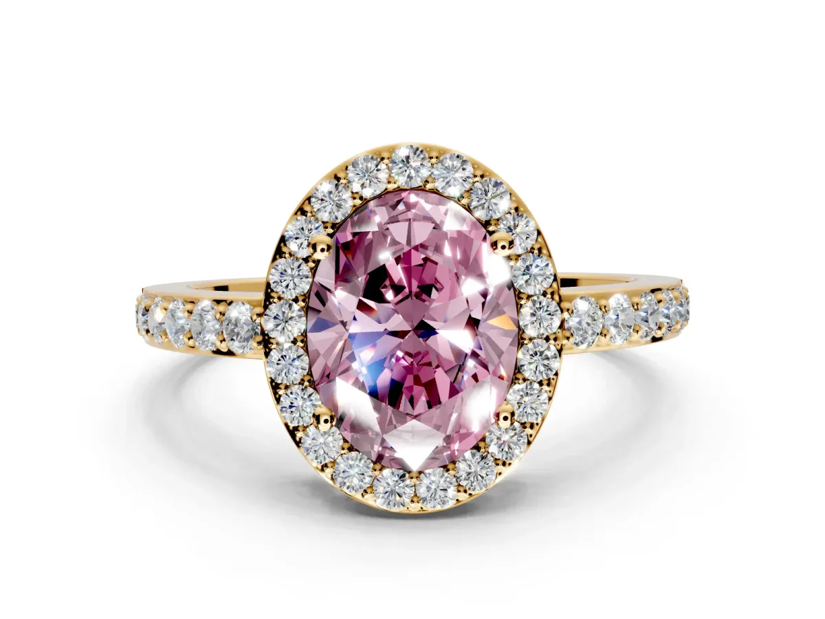 Halo Engagement Ring Setting for Fancy Pink Oval Center with Heart-Shaped Openwork, Pave Band and Prong Head in Yellow Gold
