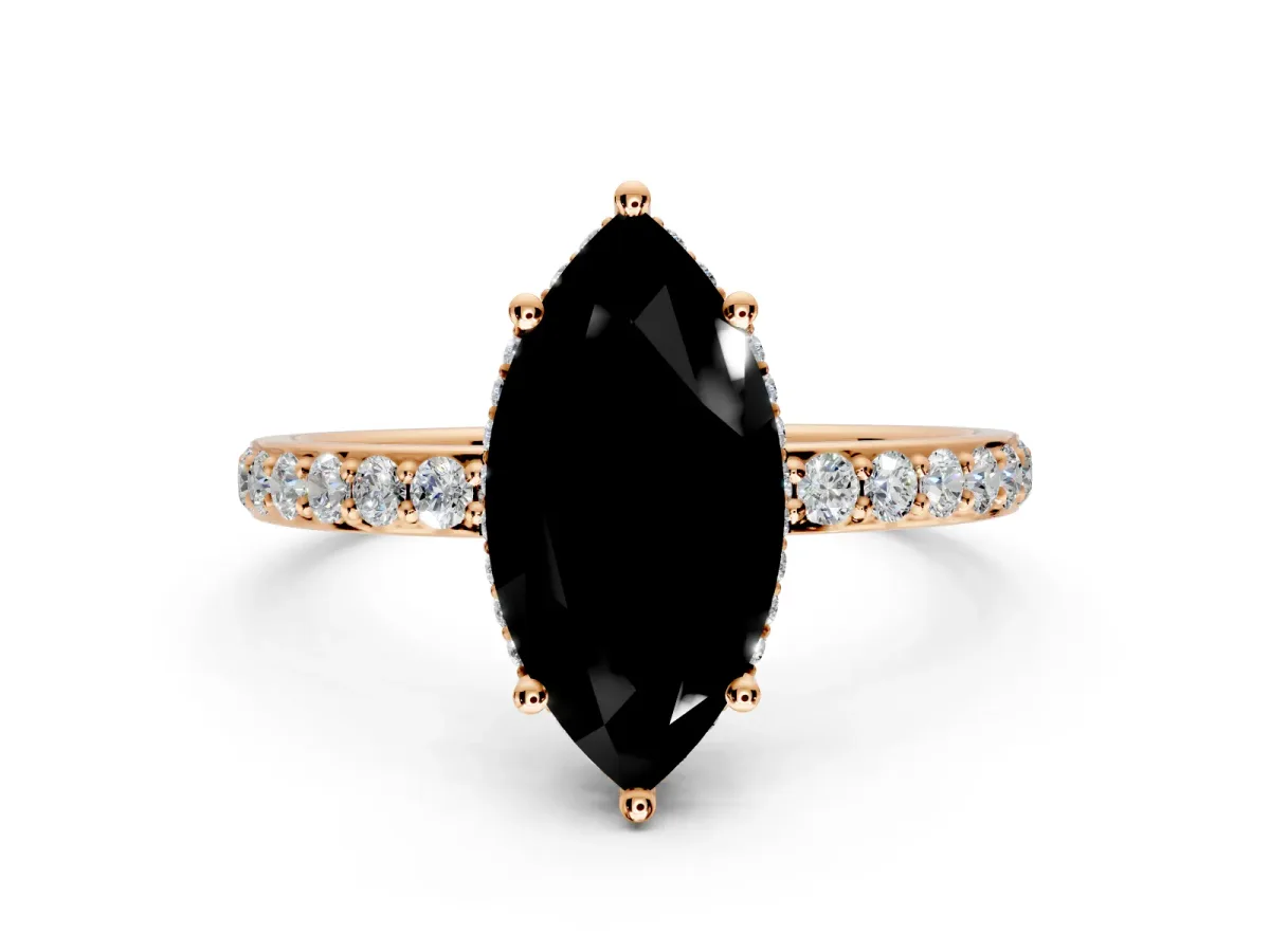 Hidden Halo Engagement Ring Setting for Fancy Black Marquise Center with Pave Band and Prong Head in Rose Gold