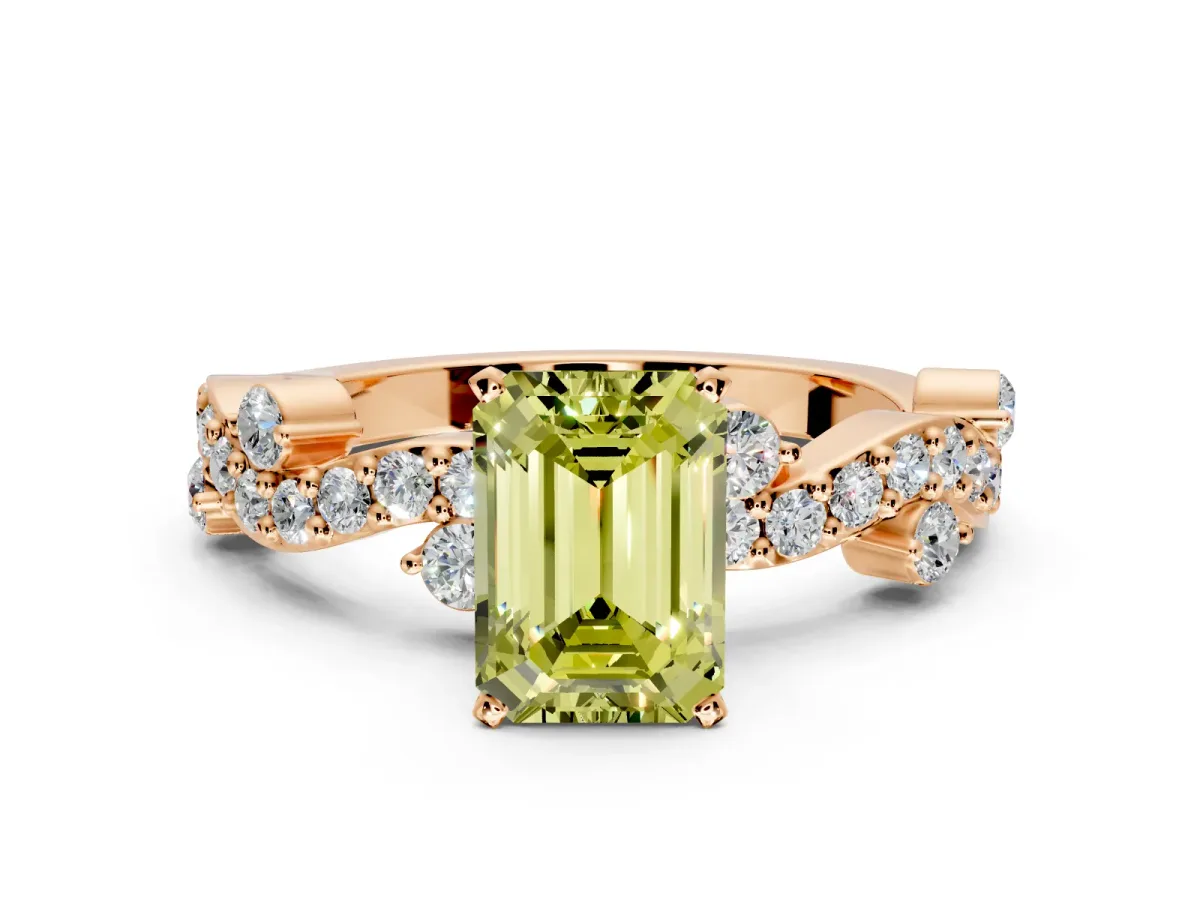 Solitaire Engagement Ring Setting for Fancy Yellow Emerald Cut Center with Bar-Station Pave Twist and Prong Head in Rose Gold