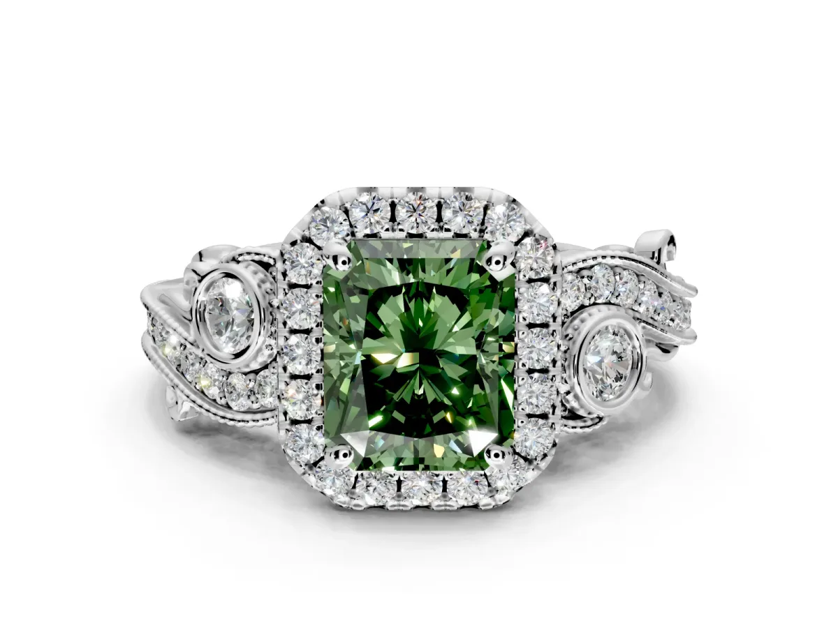 Milgrain Halo Engagement Ring Setting for Fancy Green Radiant Cut Center with Shoulder Bezels and Prong Head in Sterling Silver