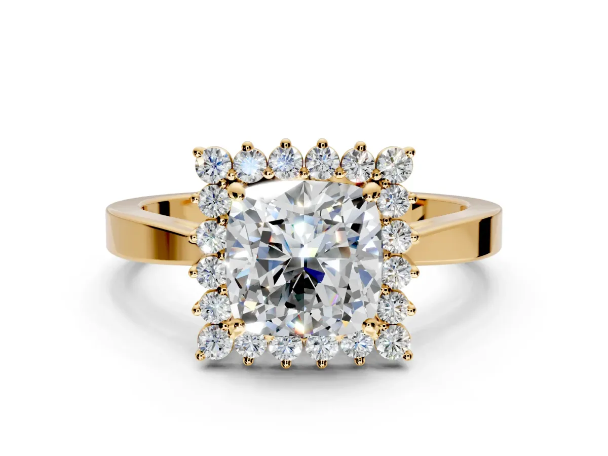 Starburst Halo Engagement Ring Setting for Cushion Cut Center with Flat Cathedral Band and Prong Head in Yellow Gold