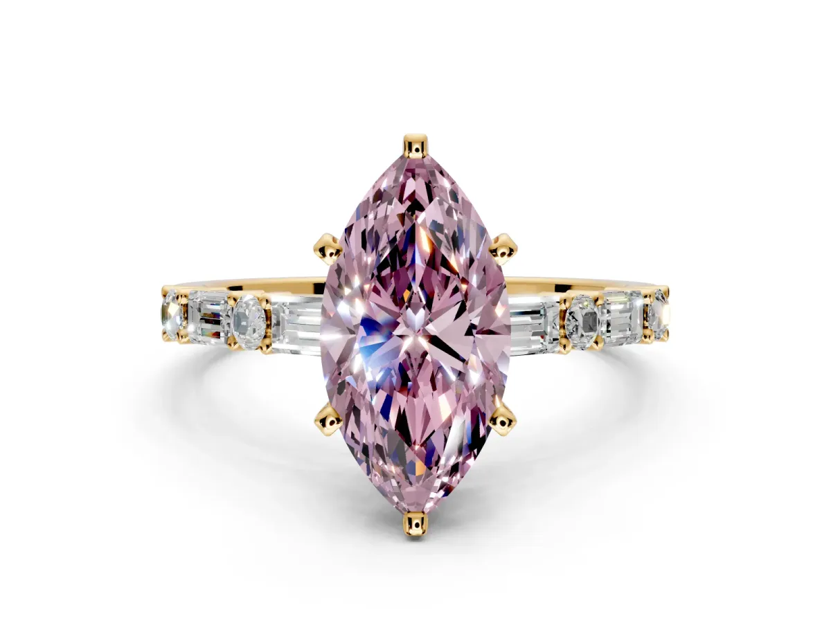 Baguette Engagement Ring Setting for Fancy Pink Marquise Center with Alternating Bar-Set Band and Prong Head in Yellow Gold