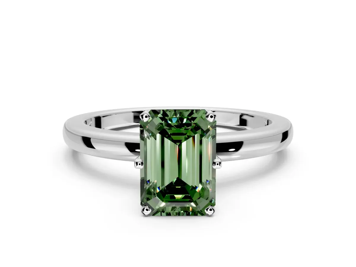 Solitaire Engagement Ring Setting for Fancy Green Emerald Cut Center with Plain Band and Tulip Prong Head in White Gold