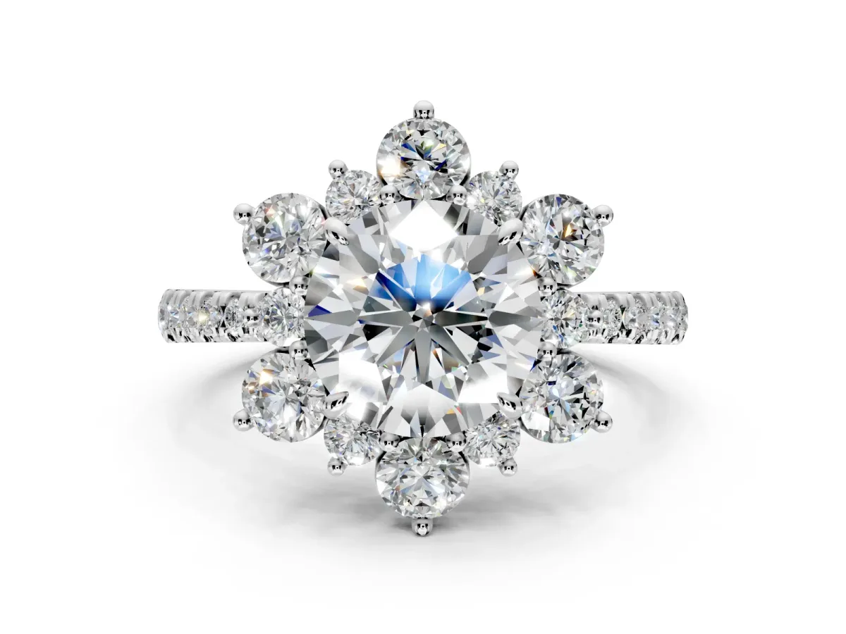Floral Halo Engagement Ring Setting for Round Cut Center with Pave Accents and Prong Head in White Gold