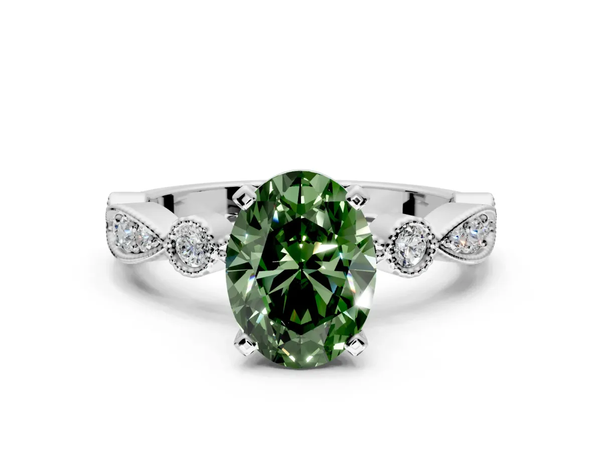 Solitaire Engagement Ring Setting for Fancy Green Oval Center with Milgrain Bezel Accents and Prong Head in Platinum
