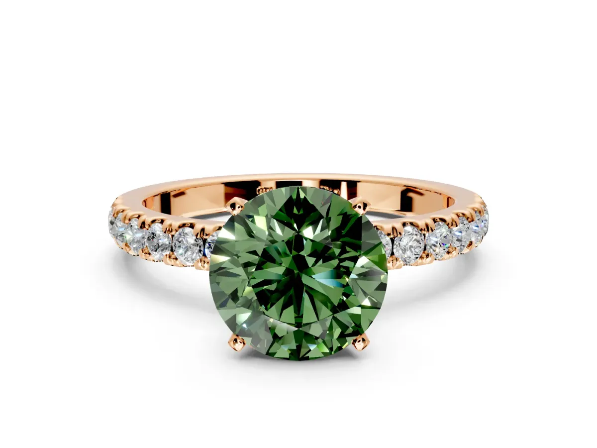 Open Basket Engagement Ring Setting for Fancy Green Round Cut Center with Pave Band and Prong Head in Rose Gold