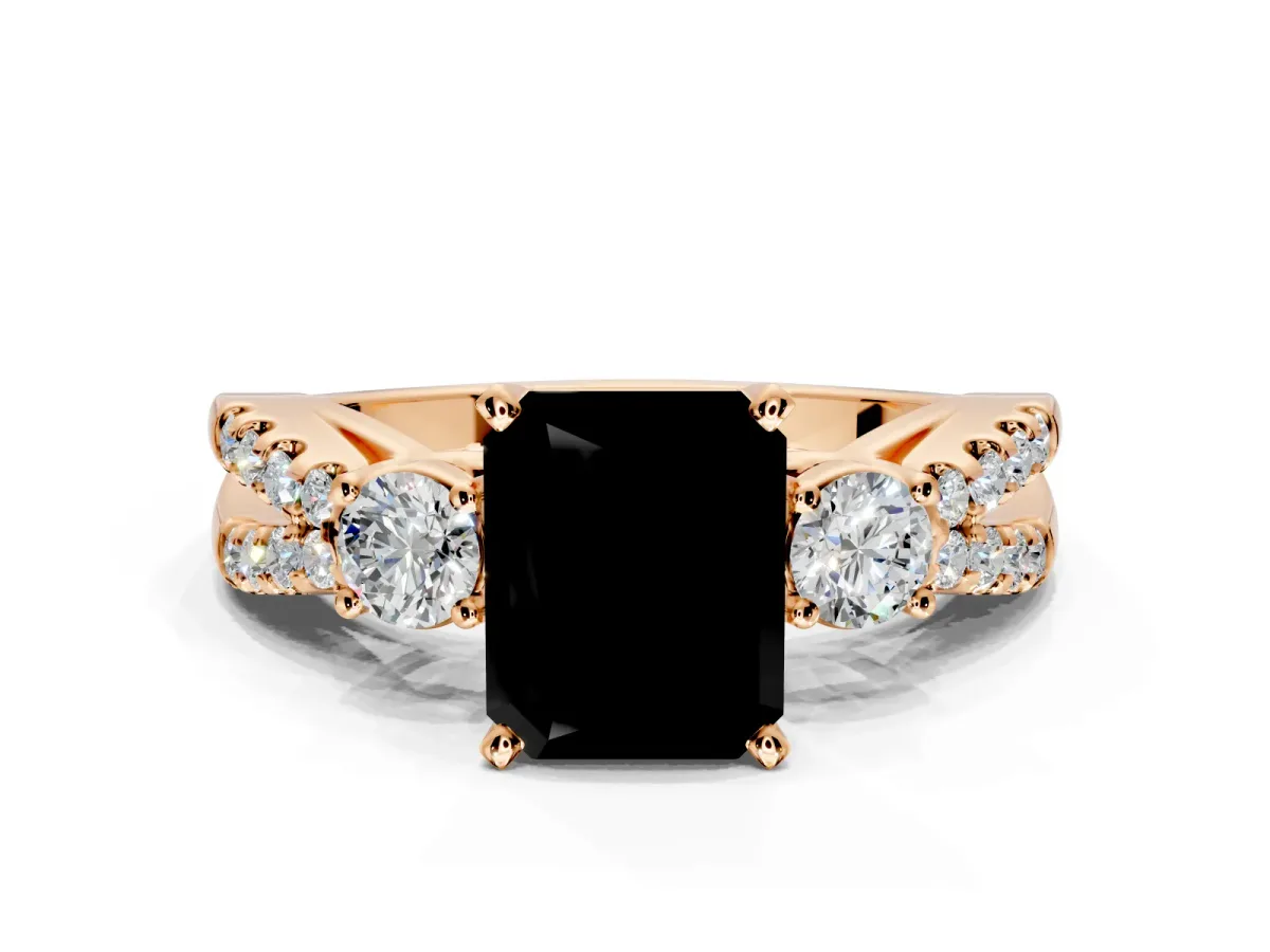 3 Stone Engagement Ring Setting for Fancy Black Radiant Cut Center with Pave Split Shank and Prong Head in Rose Gold