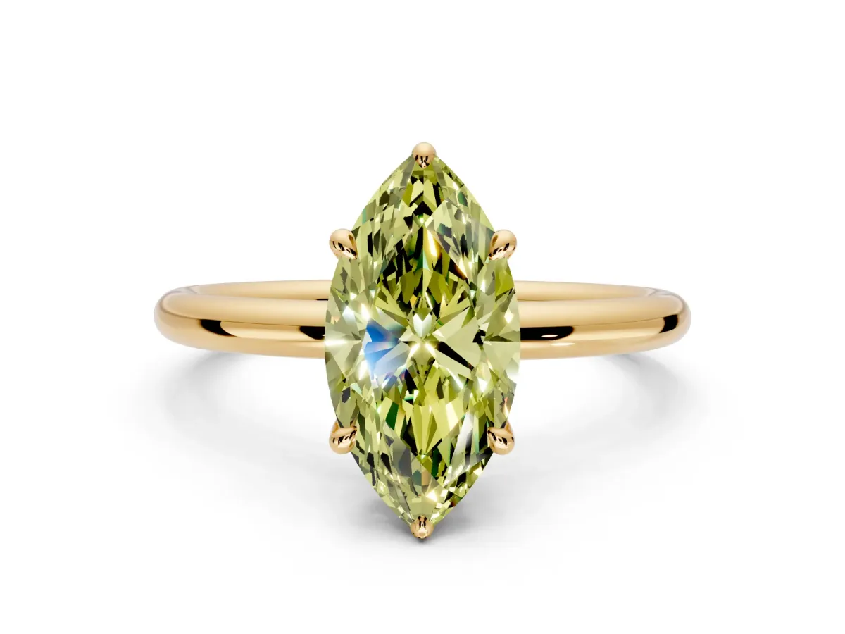 Hidden Halo Engagement Ring Setting for Fancy Yellow Marquise Center with Thin Rounded Band and Prong Head in Yellow Gold