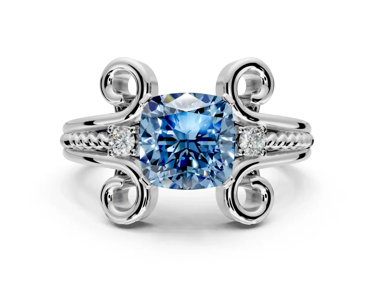 Solitaire Engagement Ring Setting for Fancy Blue Cushion Cut Center with Twisted Band and Scroll Prong Head in White Gold