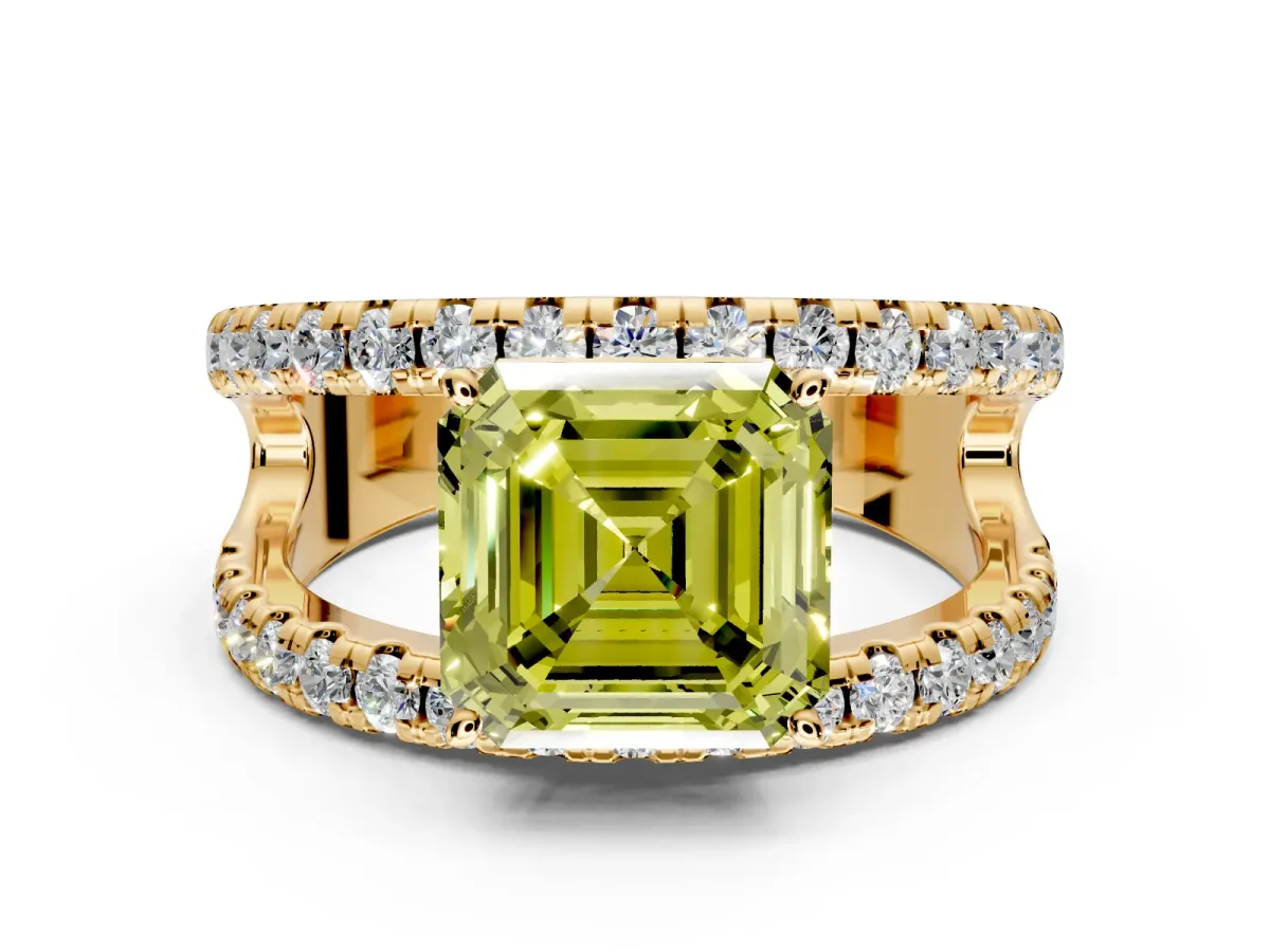 Solitaire Engagement Ring Setting for Fancy Yellow Asscher Cut Center with Wide-Open Split Shank and Prong Head in Yellow Gold