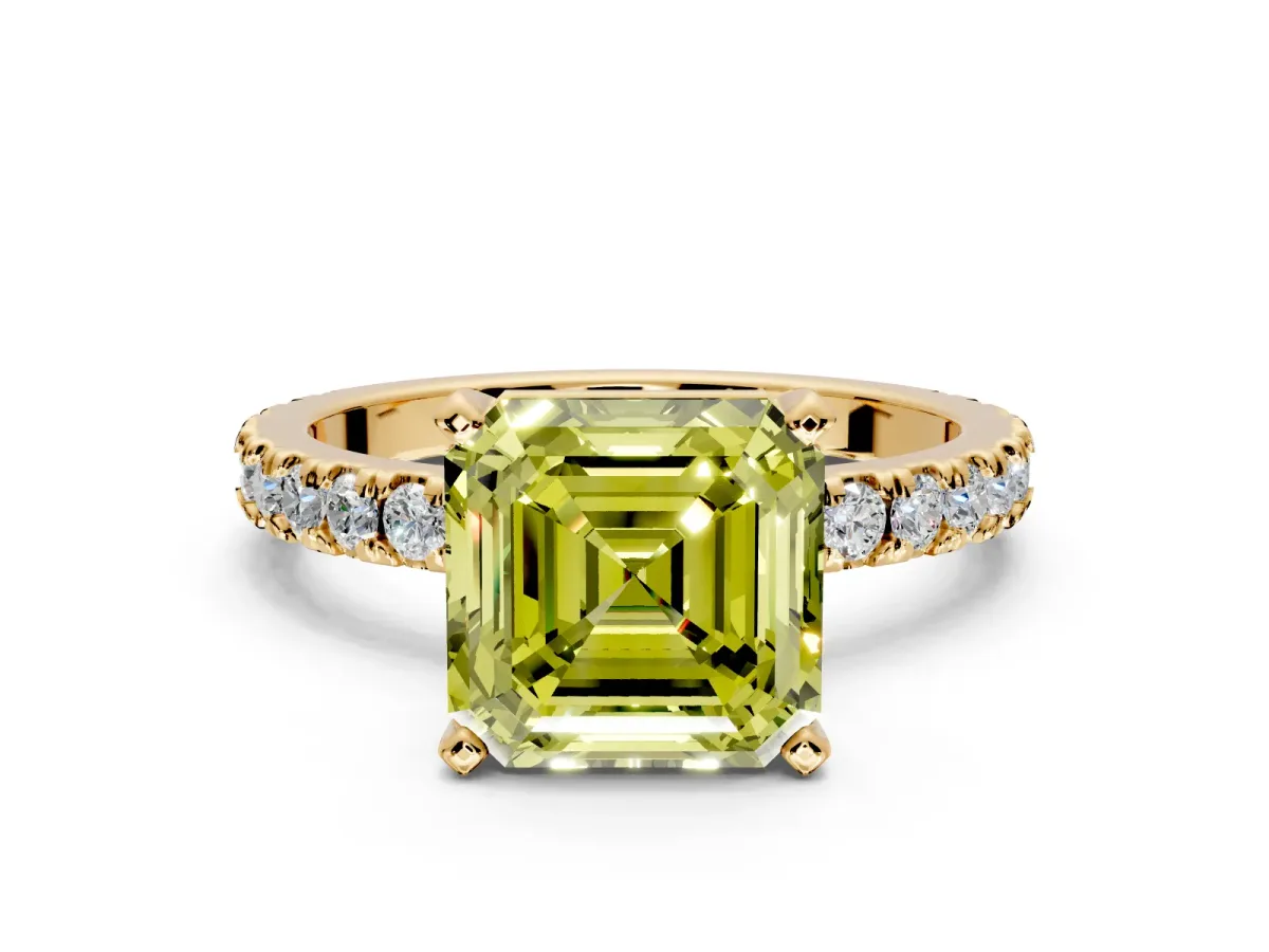 Solitaire Engagement Ring Setting for Fancy Yellow Asscher Cut Center with Fine Pave Band and Claw Prong Head in Yellow Gold