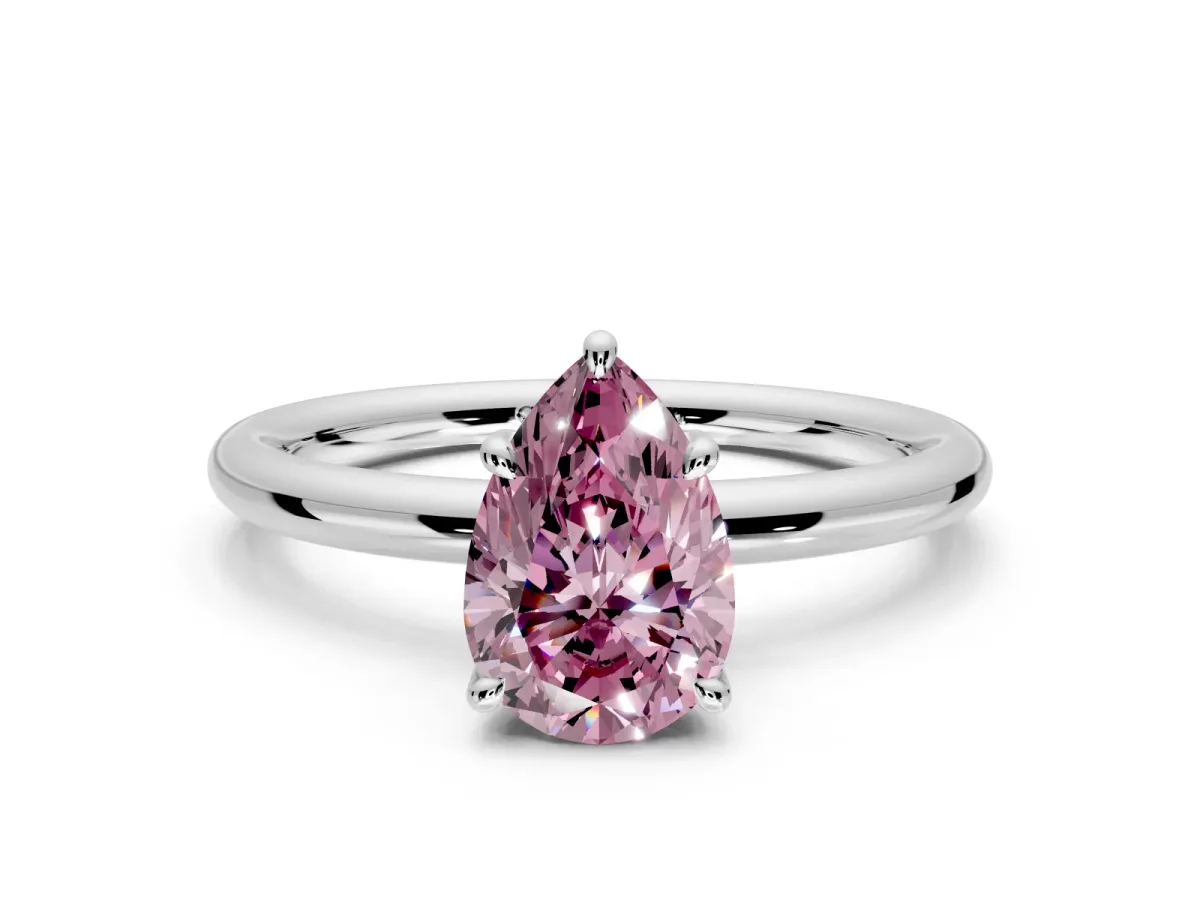 Hidden Halo Engagement Ring Setting for Fancy Pink Pear-Shaped Center with Thin Rounded Band and Prong Head in Platinum