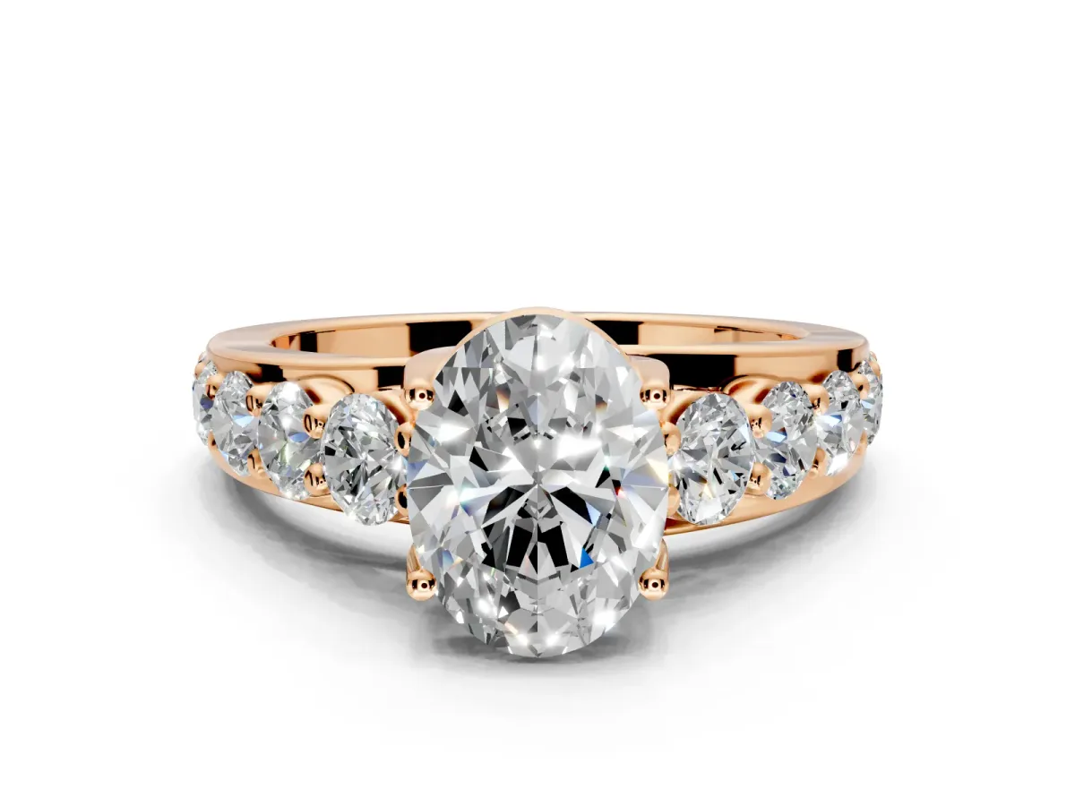 Solitaire Engagement Ring Setting for Oval Center with Graduated Shared Prongs and Prong Head in Rose Gold