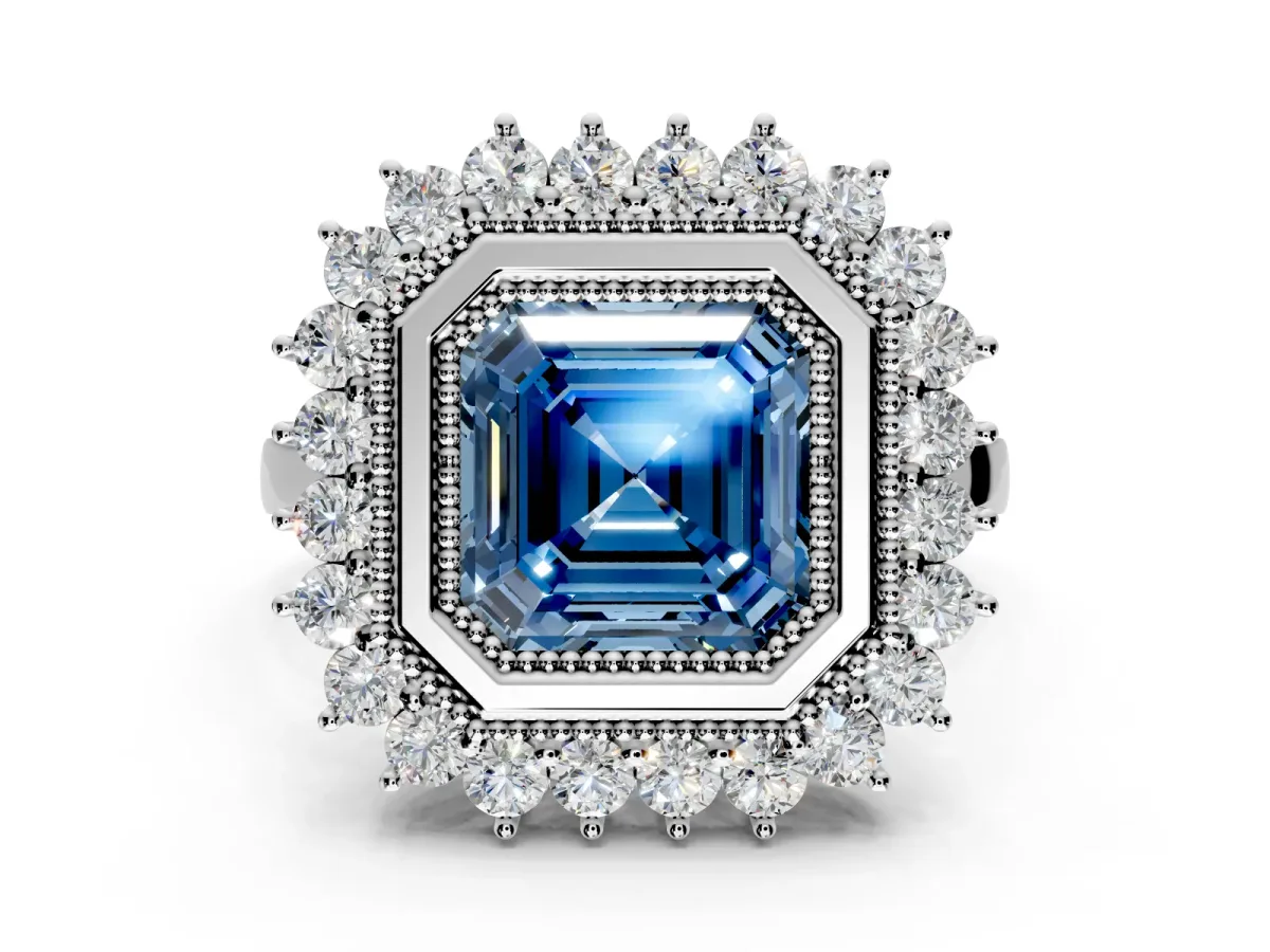 Halo Engagement Ring Setting for Fancy Blue Asscher Cut Center with Milgrain Bezel Rim, Plain Band and Prong Head in Sterling Silver