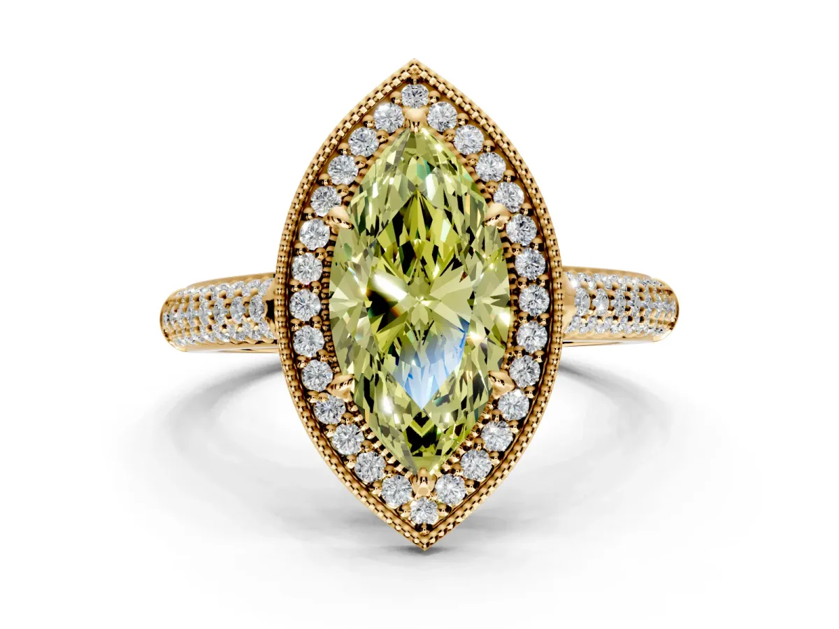 Milgrain Halo Engagement Ring Setting for Fancy Yellow Marquise Center with Three-Sided Pave Band and Prong Head in Yellow Gold