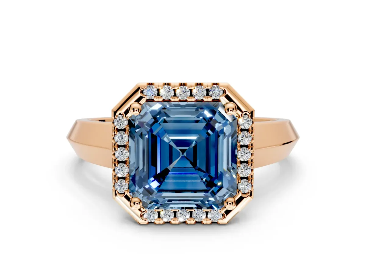 Halo Engagement Ring Setting for Fancy Blue Asscher Cut Center with Knife Ridge Cathedral Band and Prong Head in Rose Gold