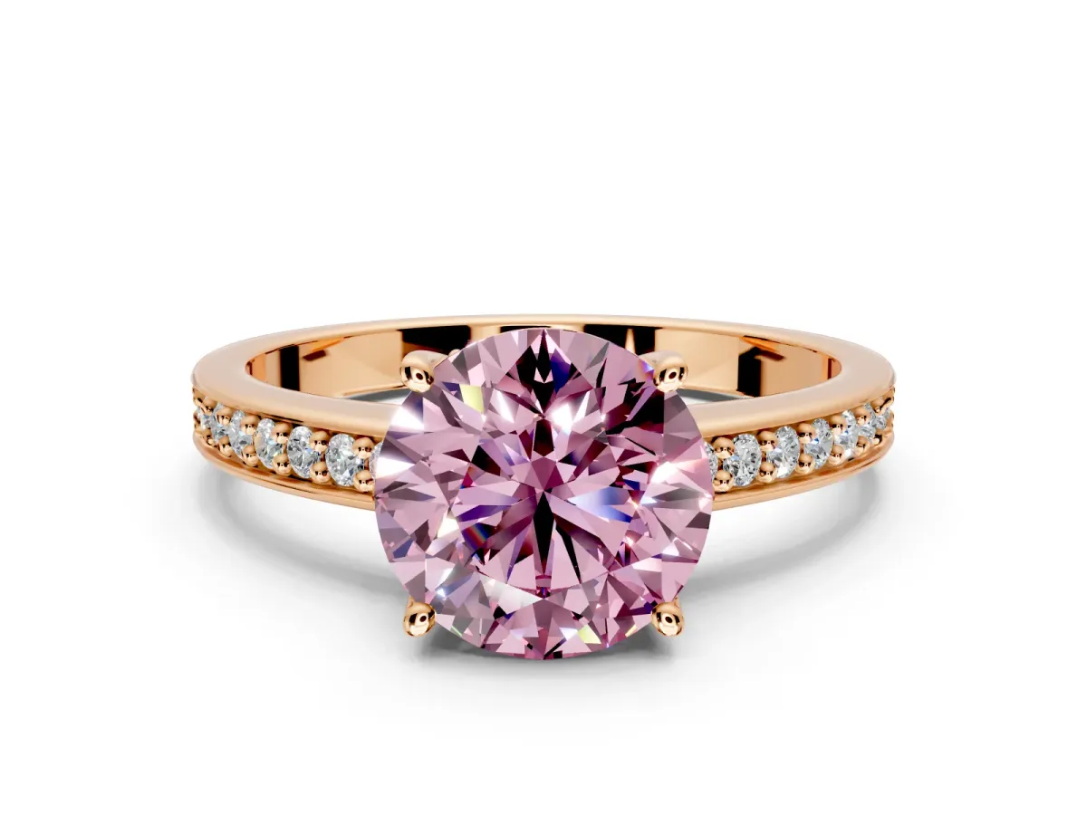 Solitaire Engagement Ring Setting for Fancy Pink Round Cut Center with Channel-Set Accent Band and Prong Head in Rose Gold