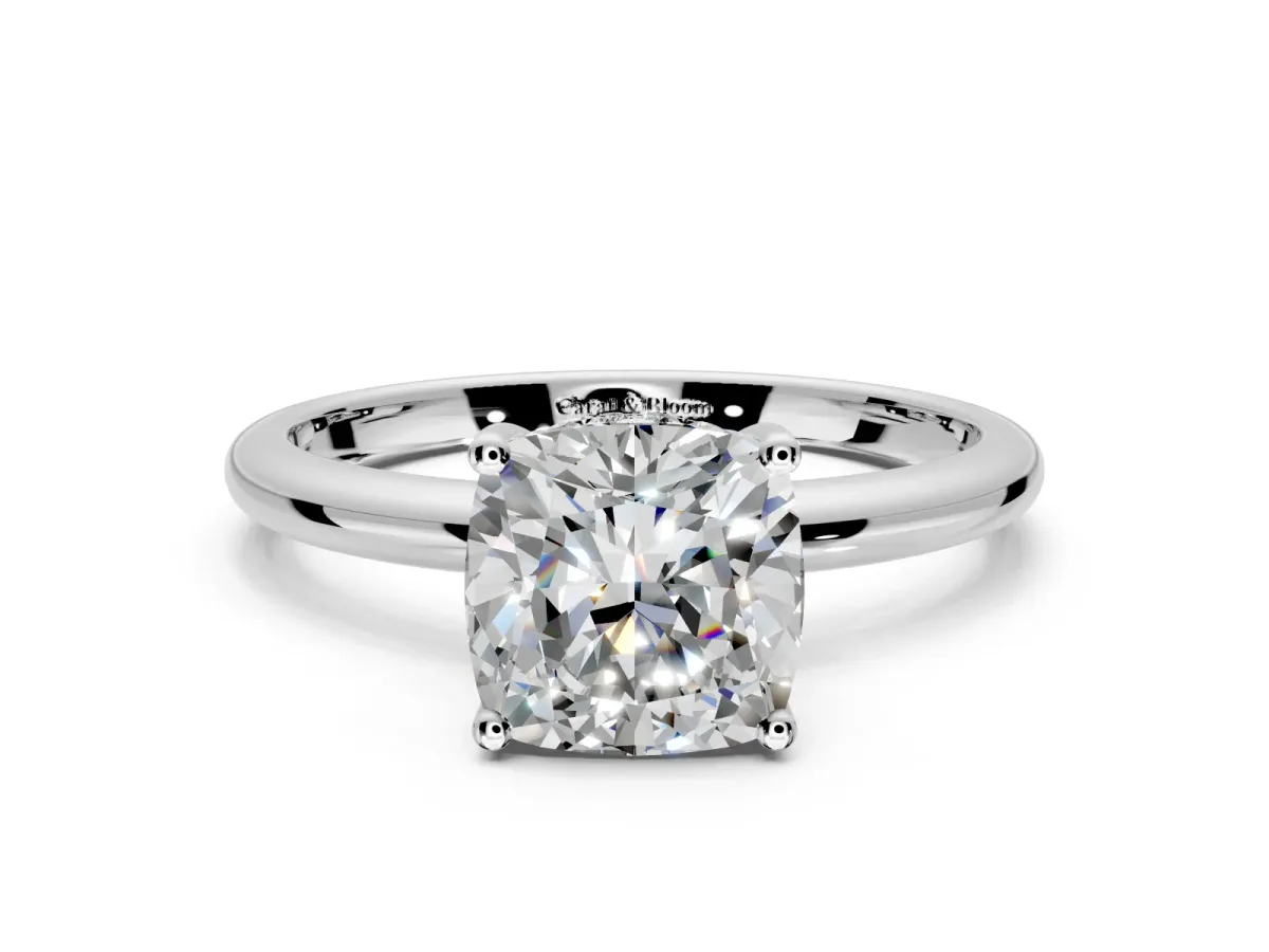 Hidden Halo Engagement Ring Setting for Cushion Cut Center with Thin Round-Wire Band and Prong Head in White Gold