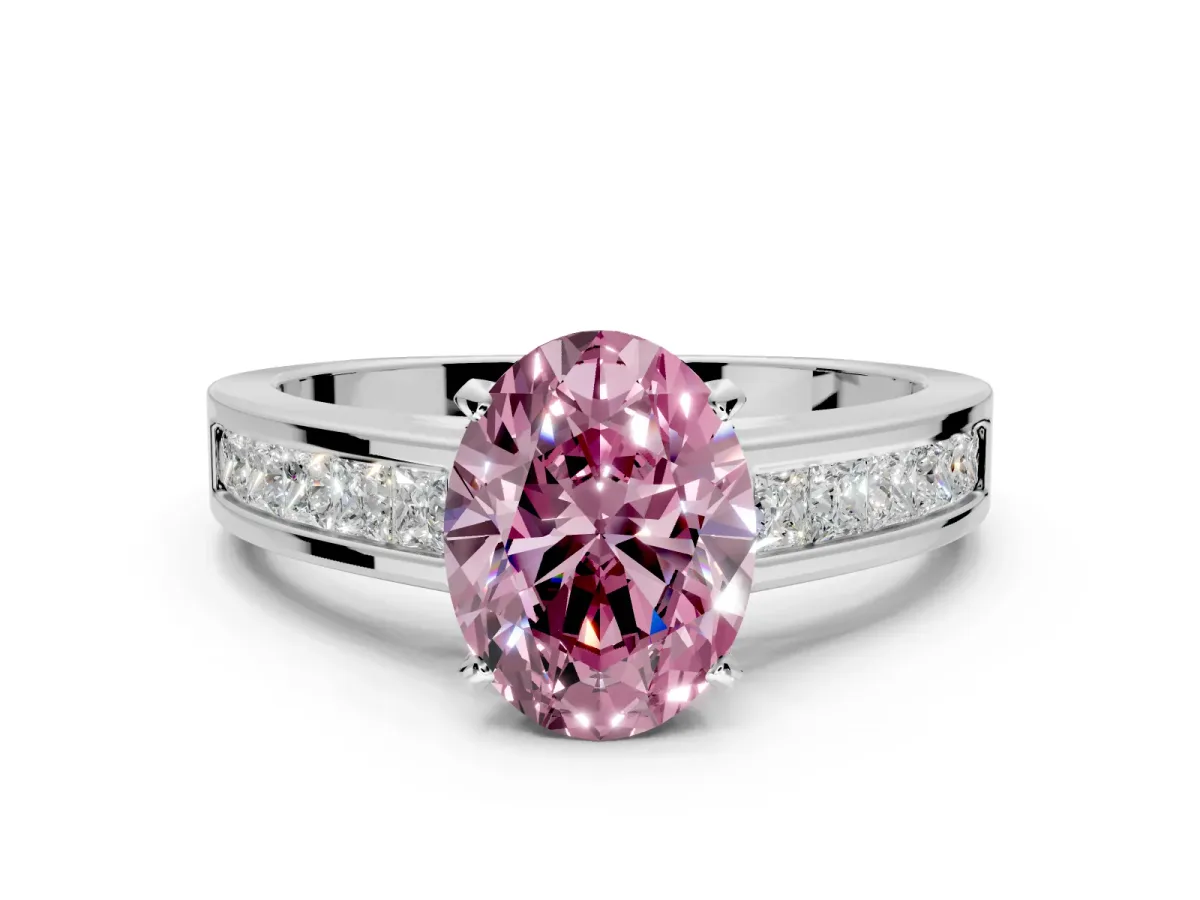 Solitaire Engagement Ring Setting for Fancy Pink Oval Center with Princess Cut Channel Band and Prong Head in Platinum