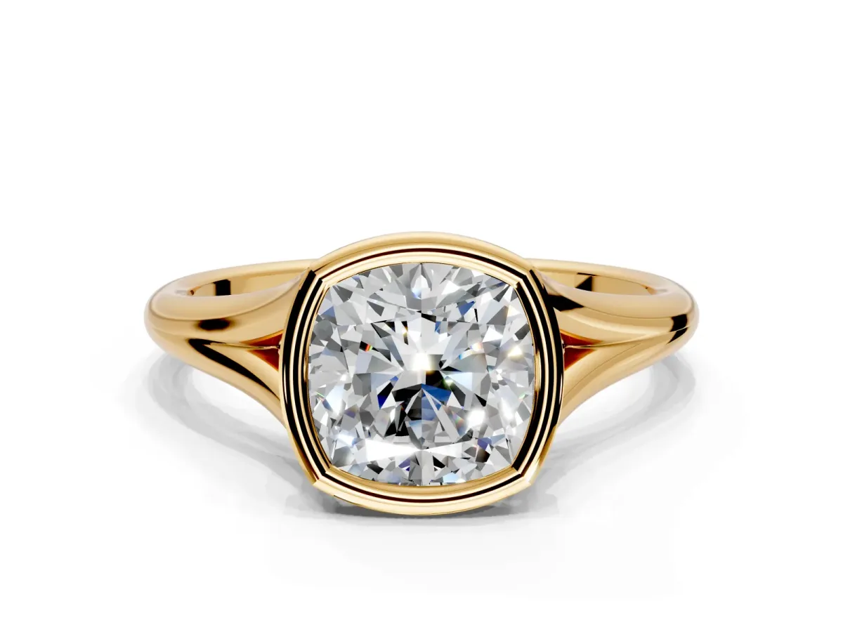 Solitaire Engagement Ring Setting for Cushion Cut Center with V Split Shank and Bezel Head in Yellow Gold