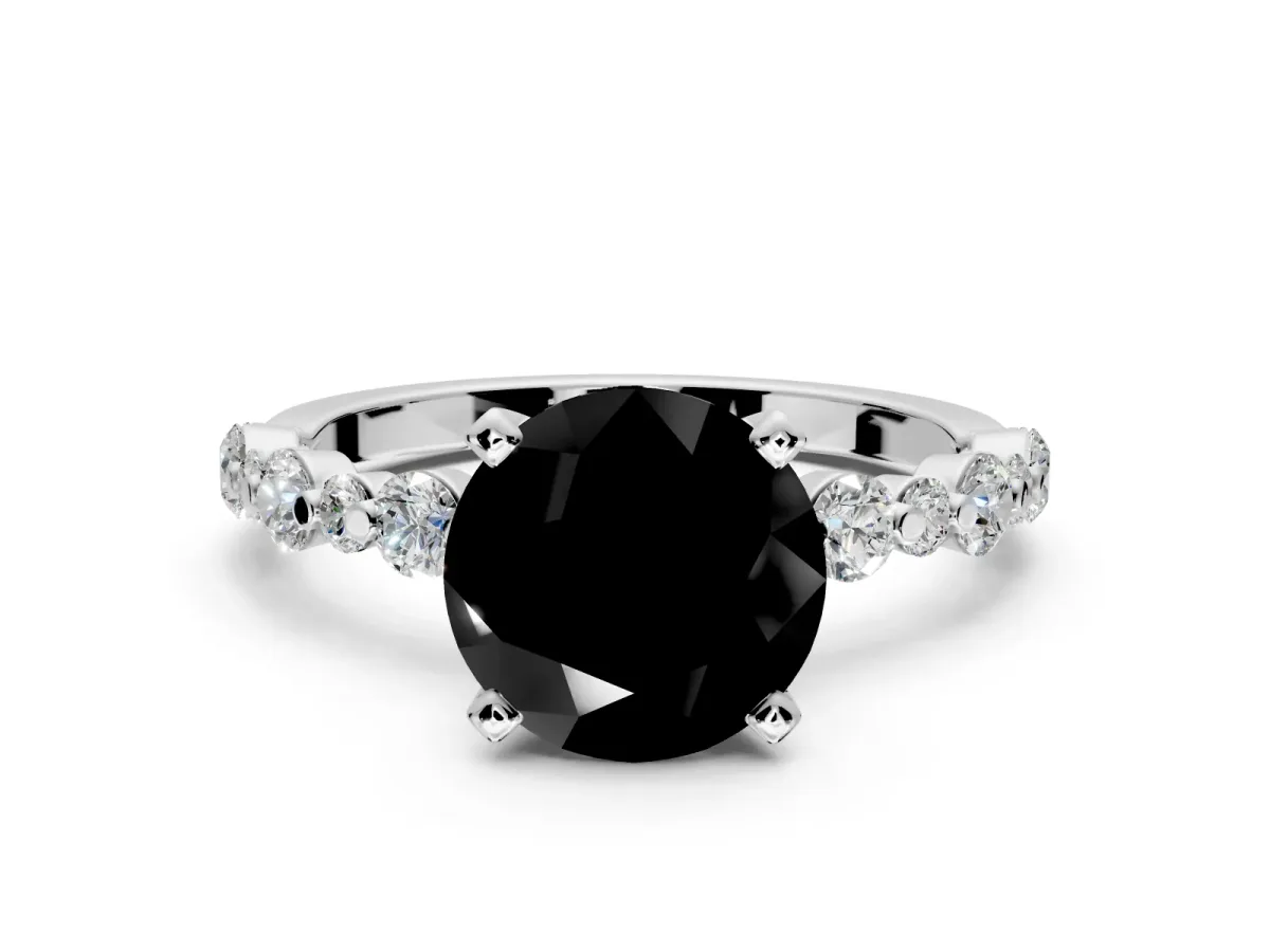 Solitaire Engagement Ring Setting for Fancy Black Round Cut Center with Alternating Size Accents and Prong Head in Sterling Silver