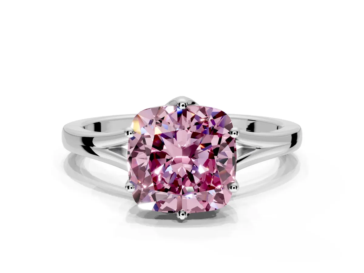 Solitaire Engagement Ring Setting for Fancy Pink Cushion Cut Center with Plain Split Shank and Prong Head in White Gold