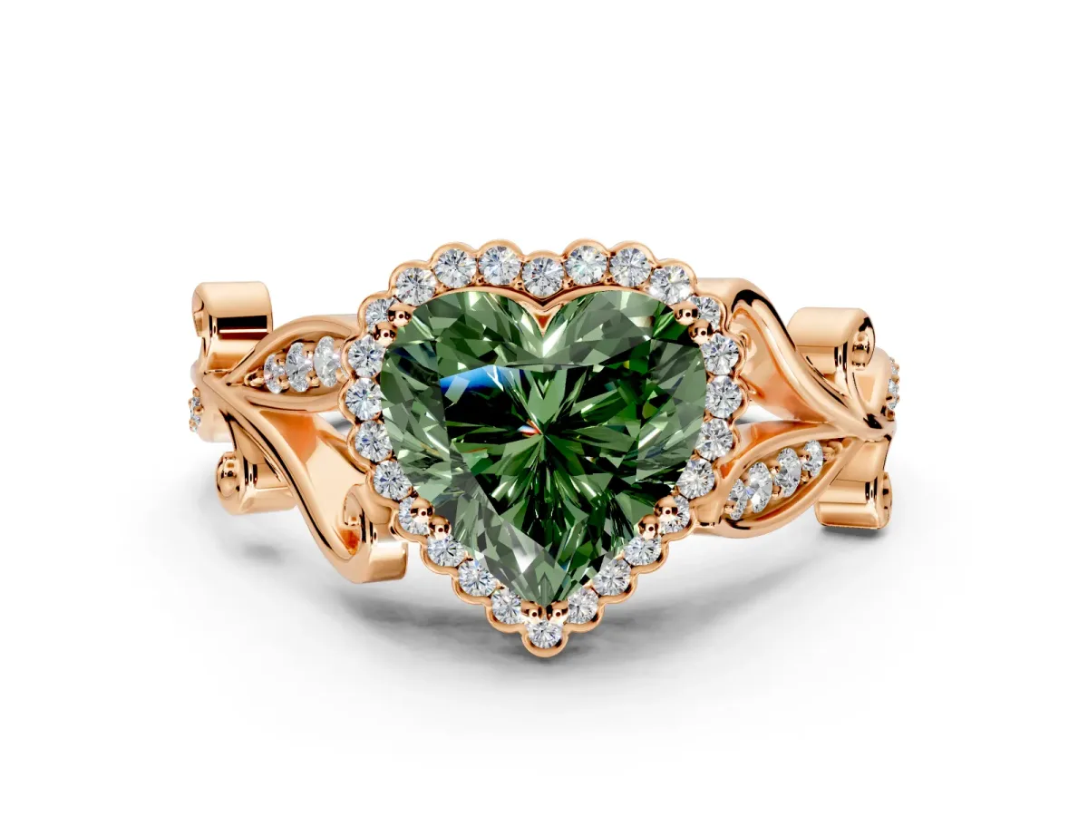 Halo Engagement Ring Setting for Fancy Green Heart-Shaped Center with Leaf Motif Split Shank and Prong Head in Rose Gold