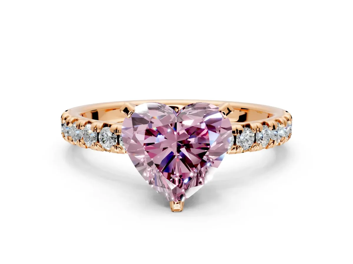 Solitaire Engagement Ring Setting for Fancy Pink Heart-Shaped Center with Large Accents and Prong Head in Rose Gold