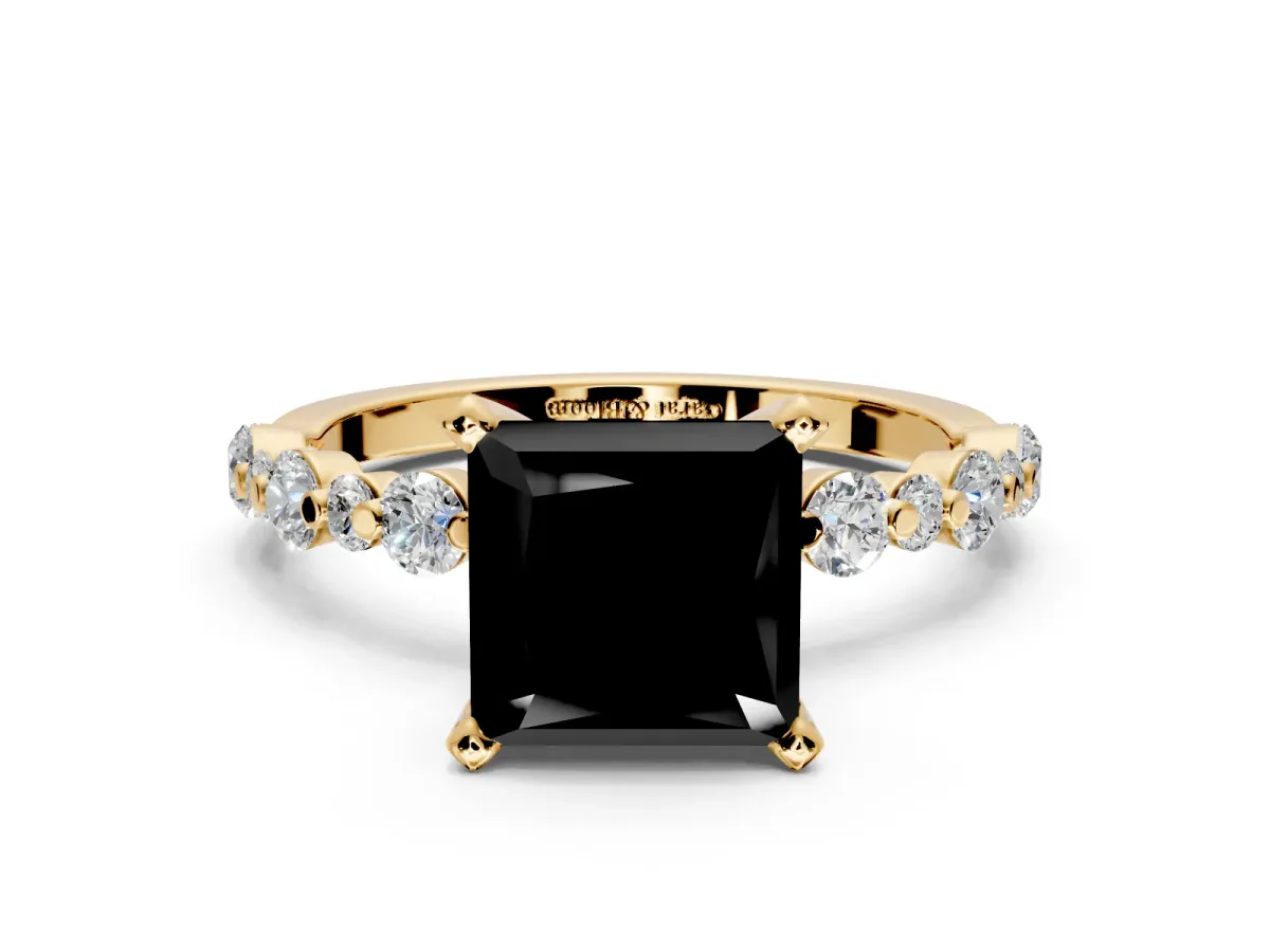 Solitaire Engagement Ring Setting for Fancy Black Princess Cut Center with Alternating Size Accents and Prong Head in Yellow Gold
