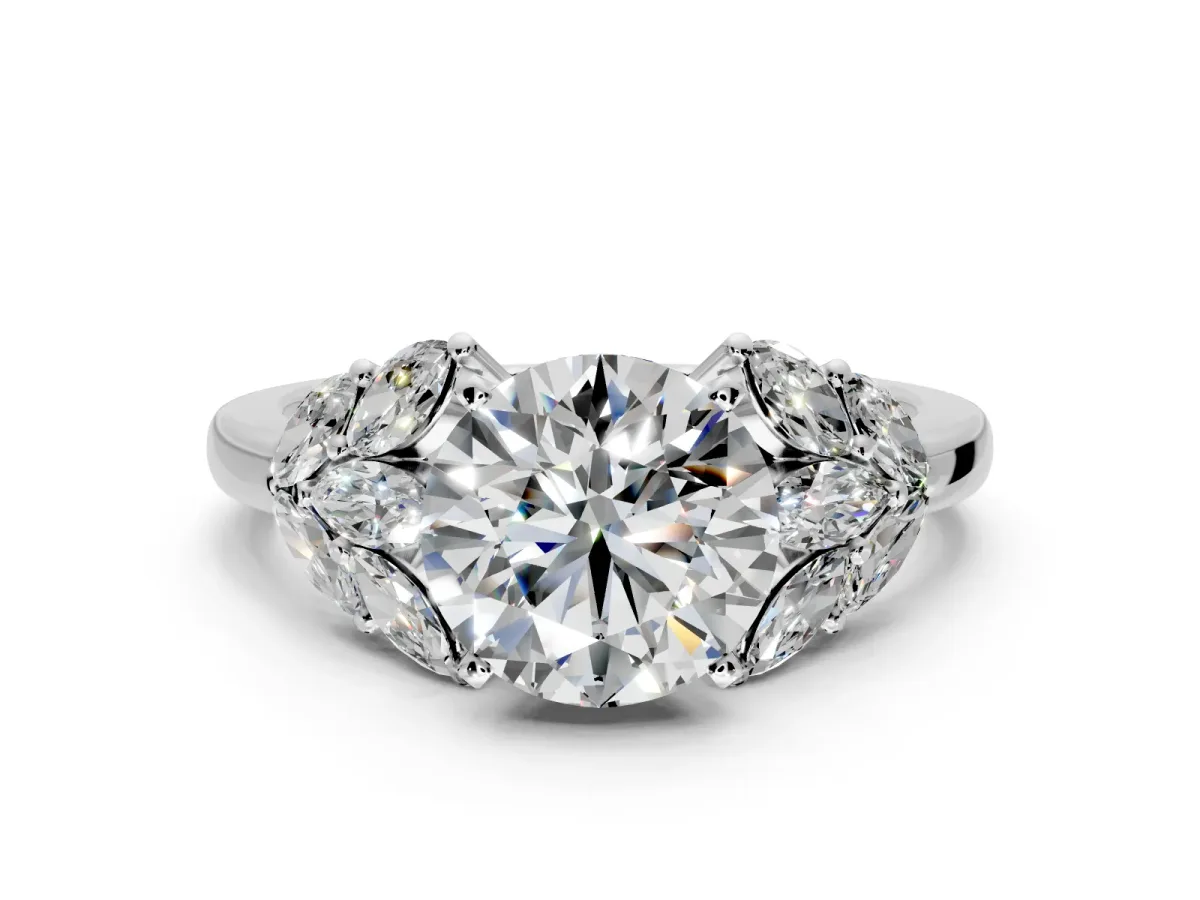 Leaf Cluster Engagement Ring Setting for Round Cut Center with Marquise Accents and Prong Head in Platinum