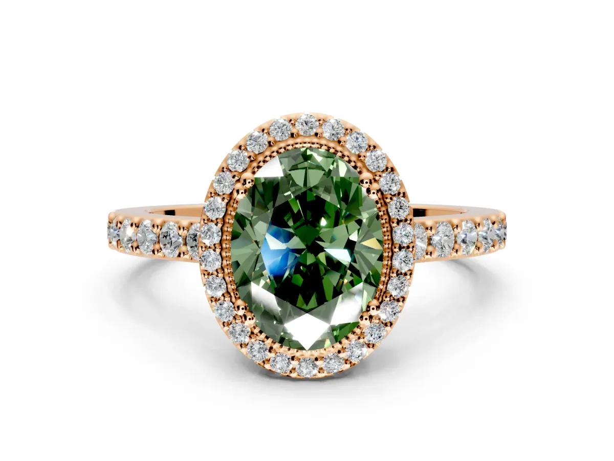 Halo Engagement Ring Setting for Fancy Green Oval Center with Inner Milgrain Border and Prong Head in Rose Gold